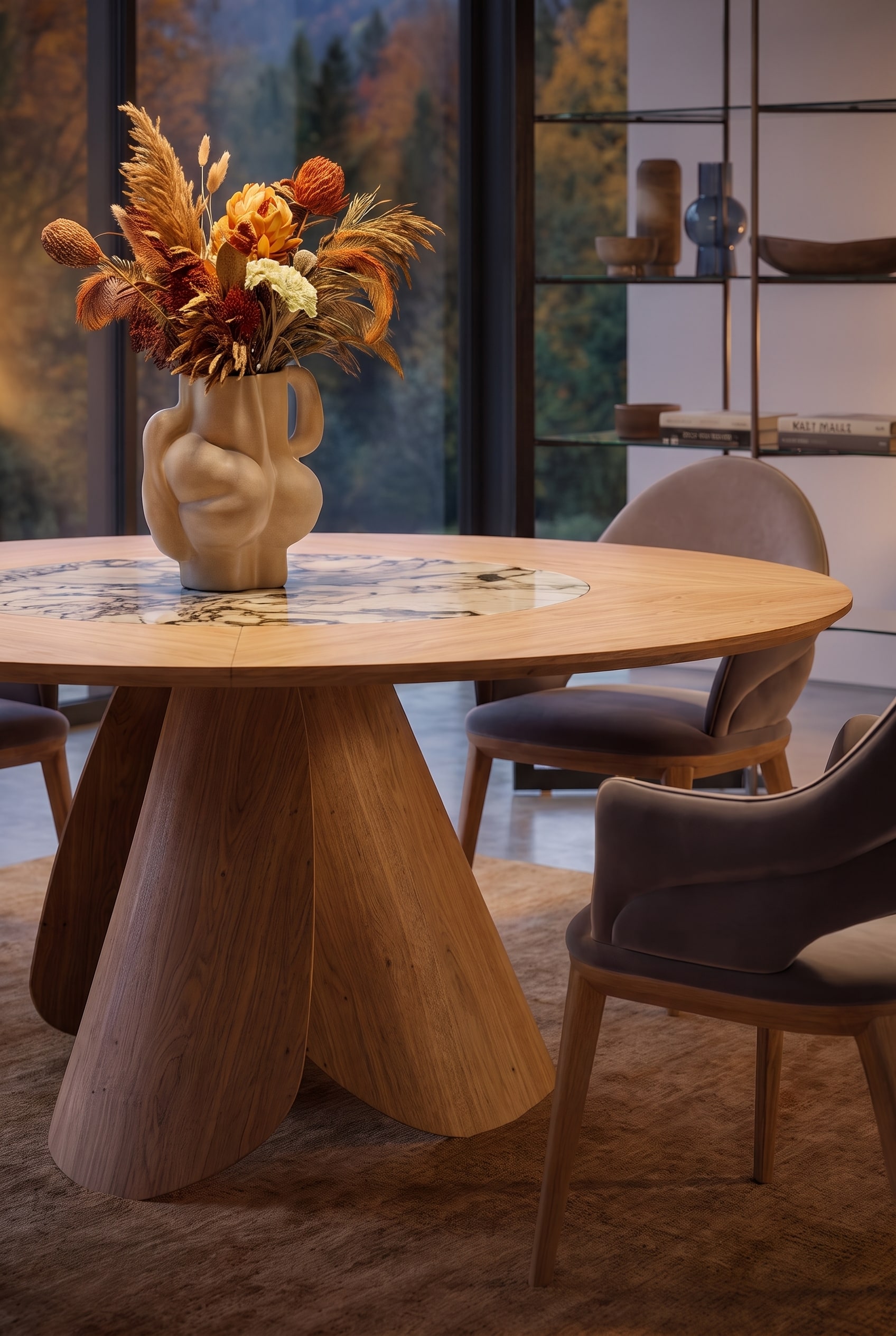 Table &agrave; manger design ronde avec un plateau en c&eacute;ramique pivotant et un &eacute;l&eacute;gant encadrement en bois