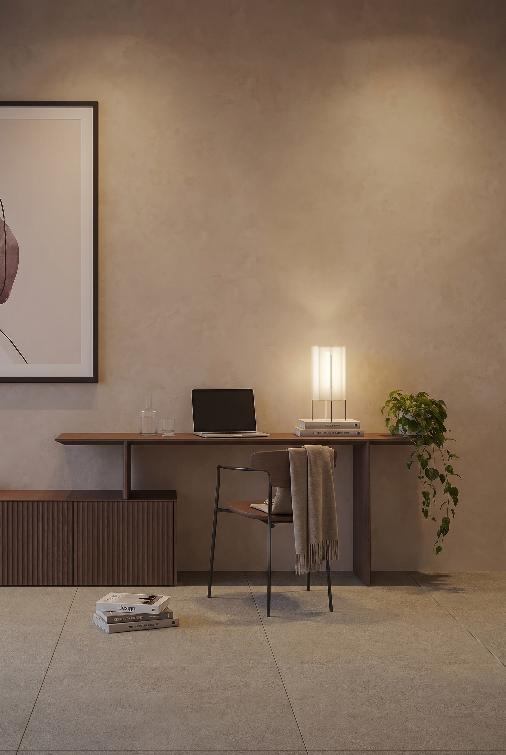 Un coin lecture confortable le soir avec un fauteuil et un lampadaire à lumière douce, qui crée un îlot de lumière chaude.