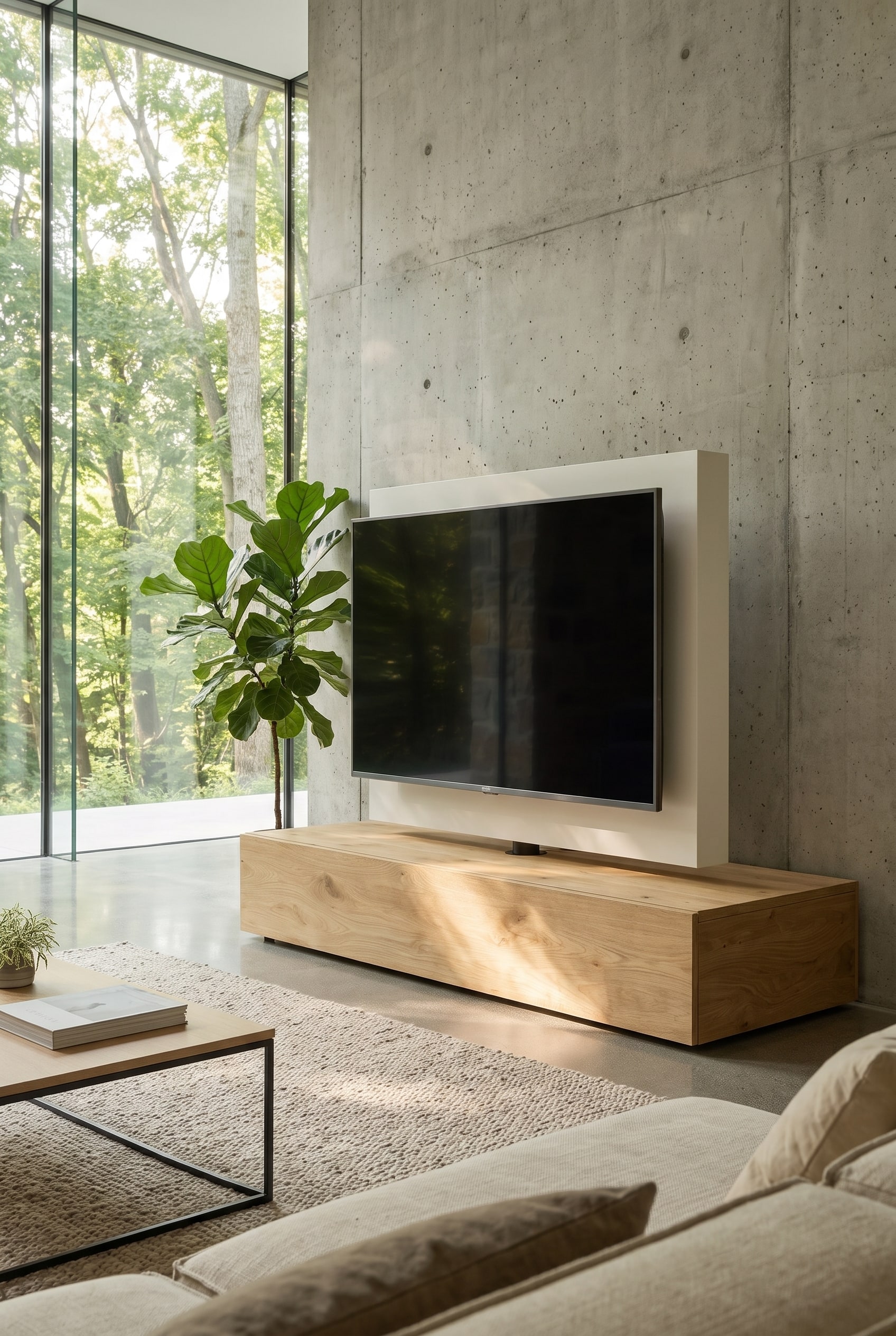 Un meuble TV bas Livitalia Roto clair en bois de fr&ecirc;ne comme &eacute;l&eacute;gant s&eacute;parateur de pi&egrave;ce avec un panneau TV pivotant autoportant dans un salon moderne et puriste.