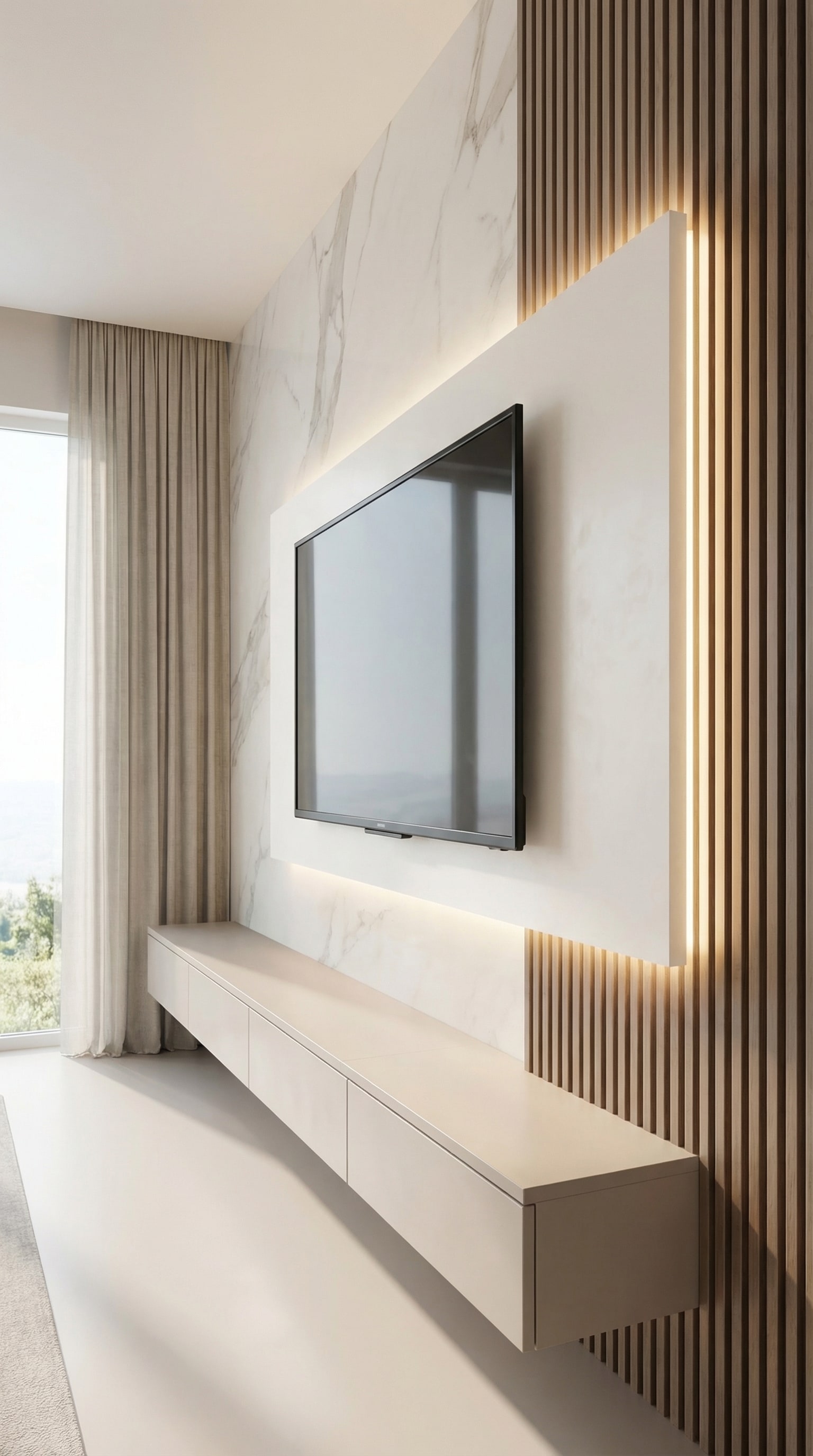 Een elegant tv-wandpaneel met indirecte verlichting
