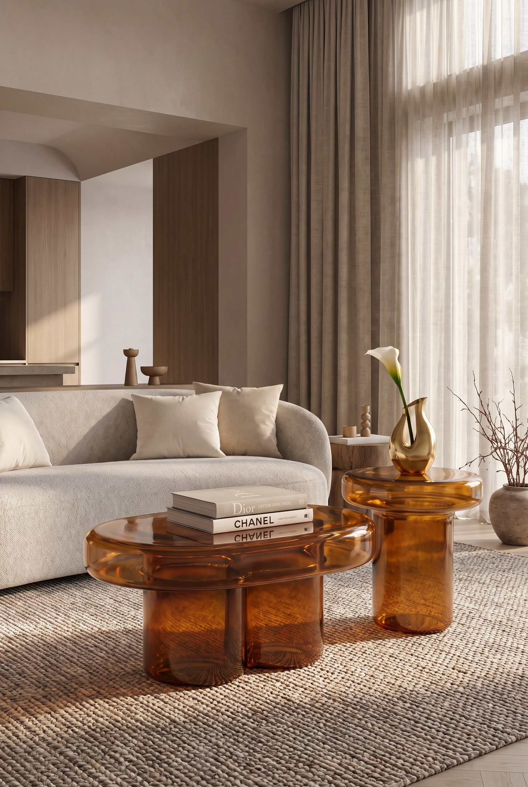 Salon avec une table basse ovale en verre ambré et un canapé clair et arrondi