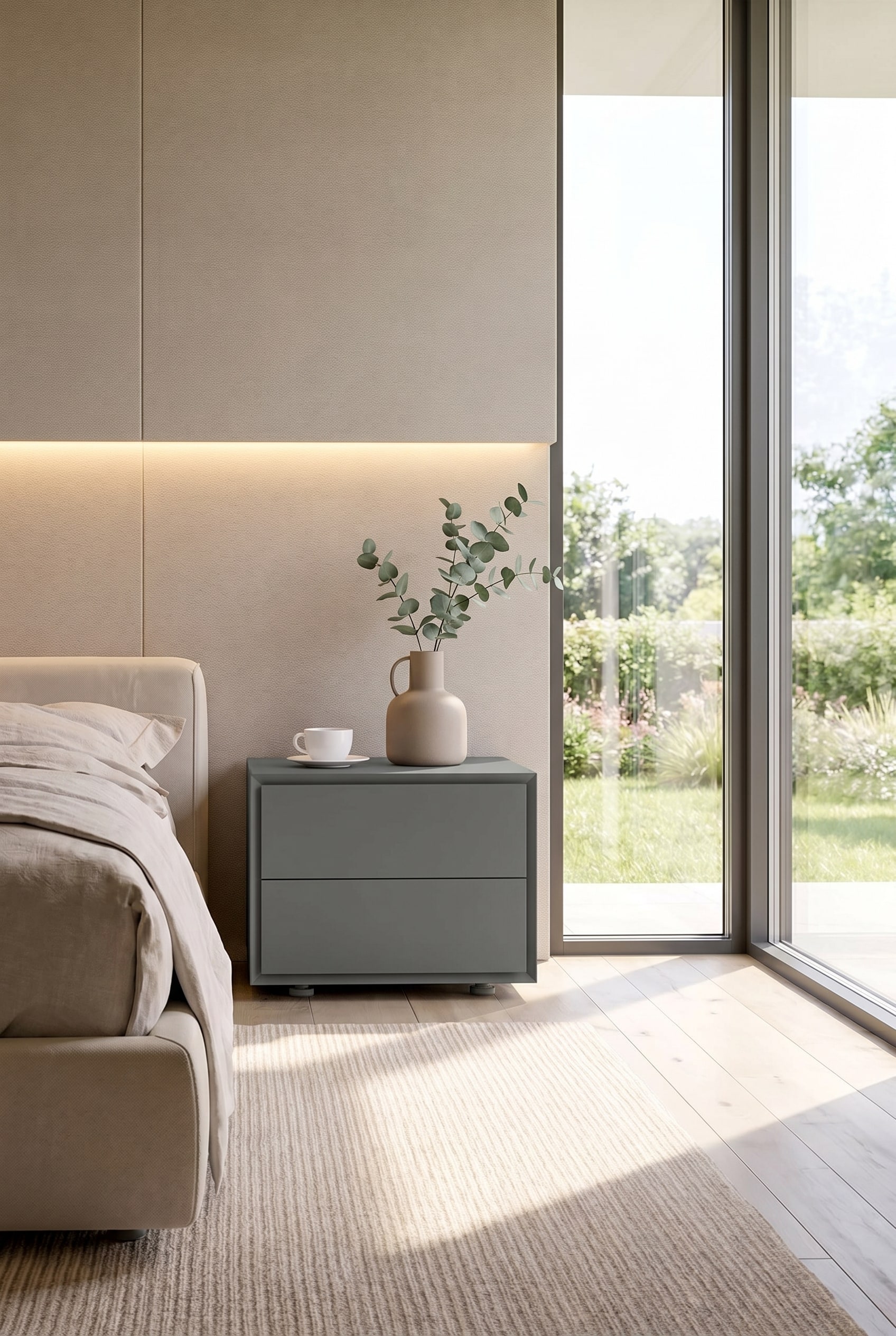 Chambre minimaliste avec une table de chevet grise anguleuse, sur laquelle se trouve un vase design, avec &eacute;clairage mural indirect