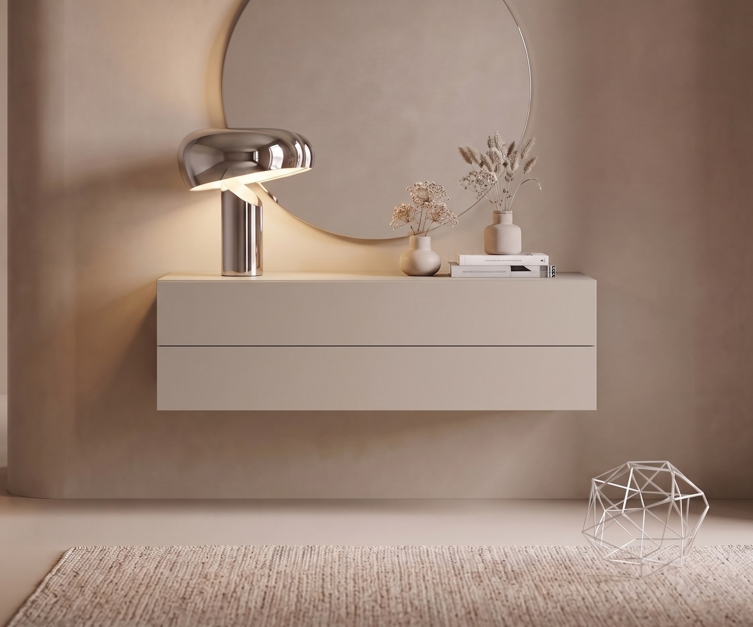 Commode suspendue Novamobili Easy beige sable Commode suspendue Novamobili Easy dans un couloir, buffet mural beige sable au design minimaliste moderne à deux tiroirs.
