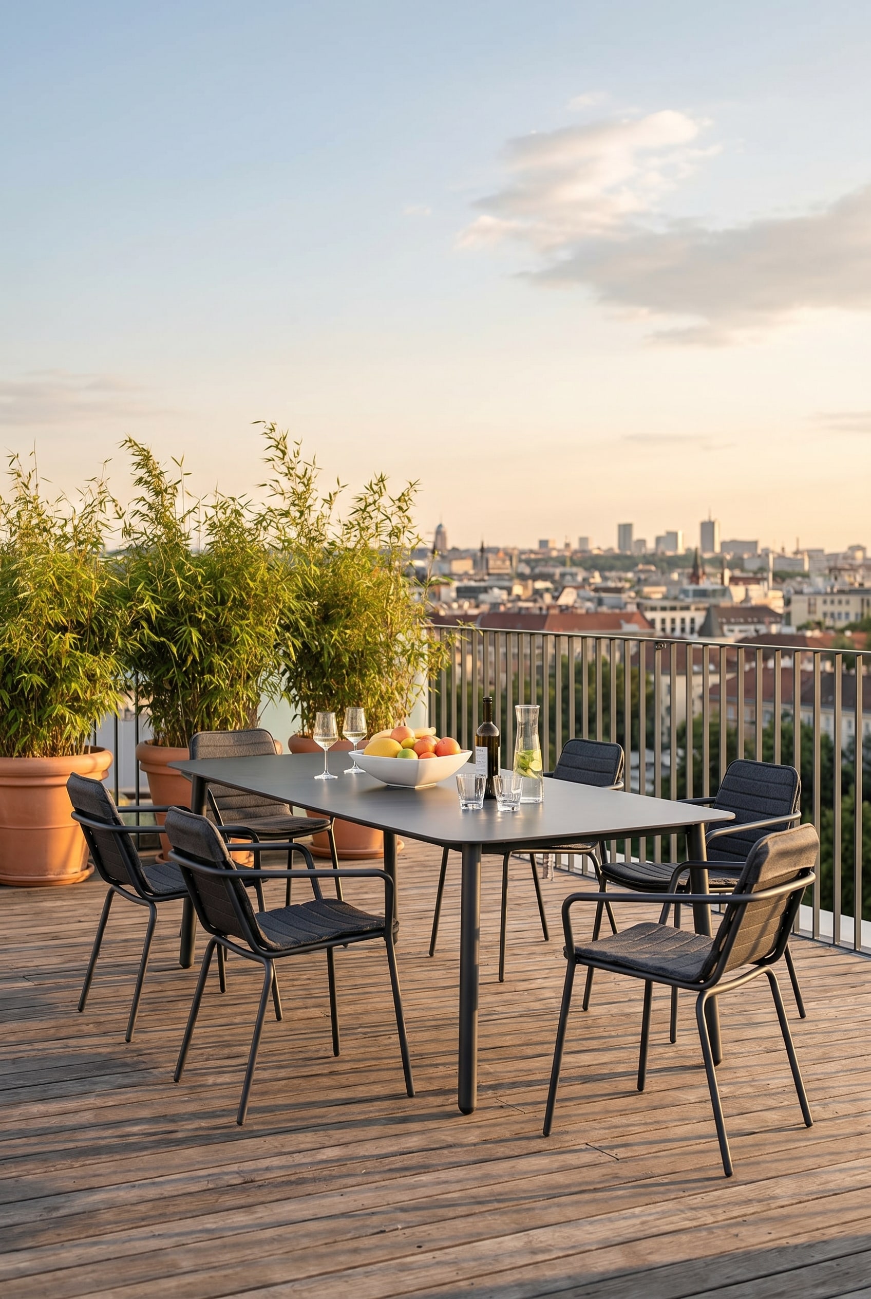 Terrasse sur le toit au coucher du soleil avec une table &agrave; manger minimaliste gris fonc&eacute; et des chaises &agrave; accoudoirs en acier inoxydable largement espac&eacute;es