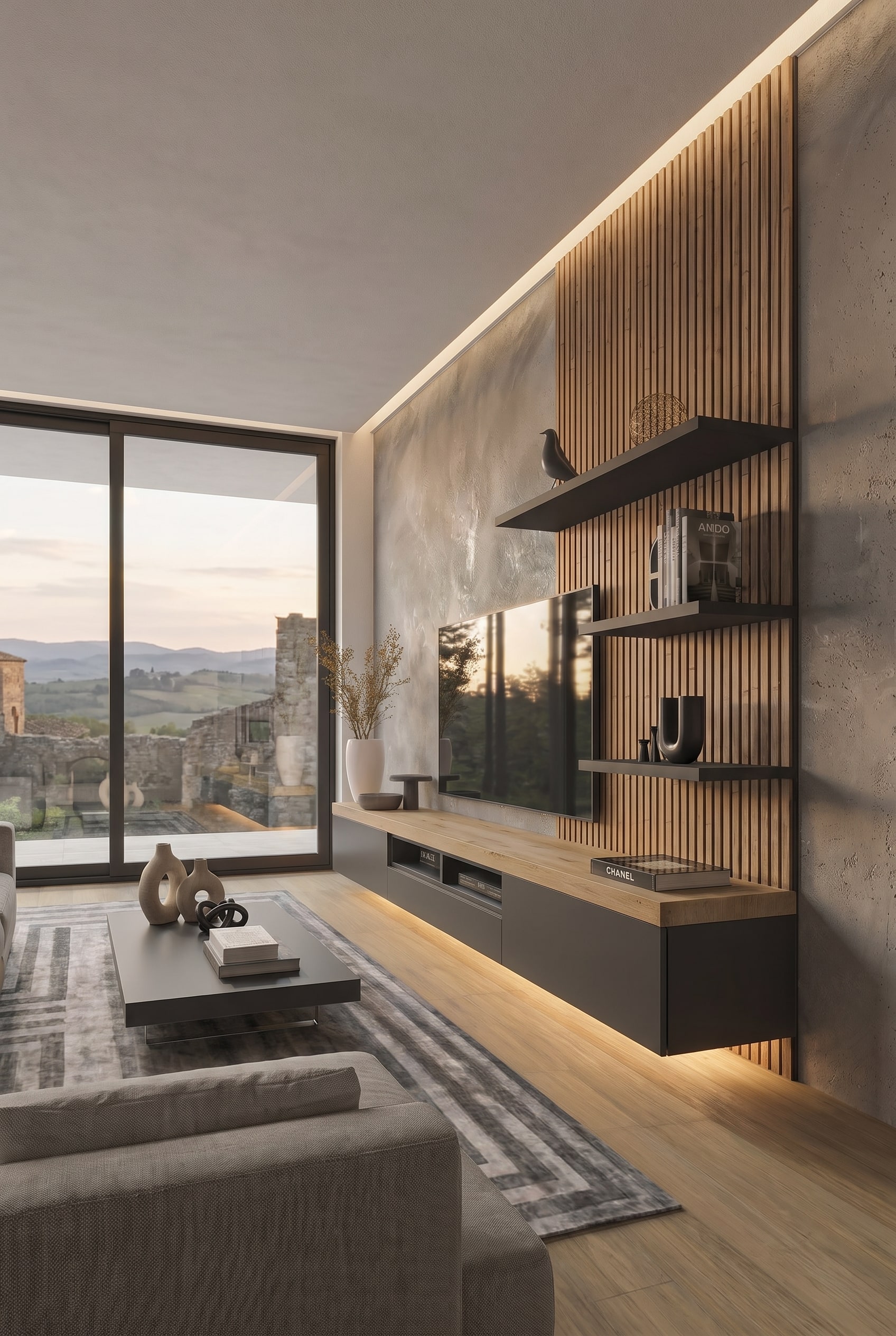 Le meuble TV Livitalia C101 monté en suspension, ce qui agrandit visuellement l'espace