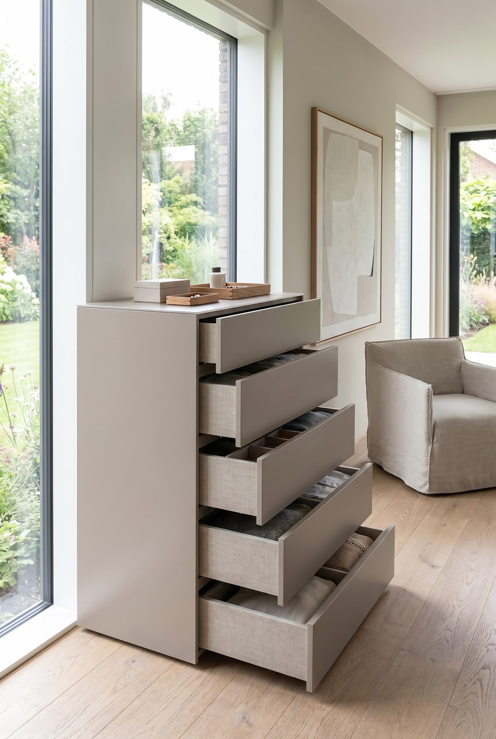 Dressing lumineux avec commode design &eacute;troite et haute &agrave; six tiroirs