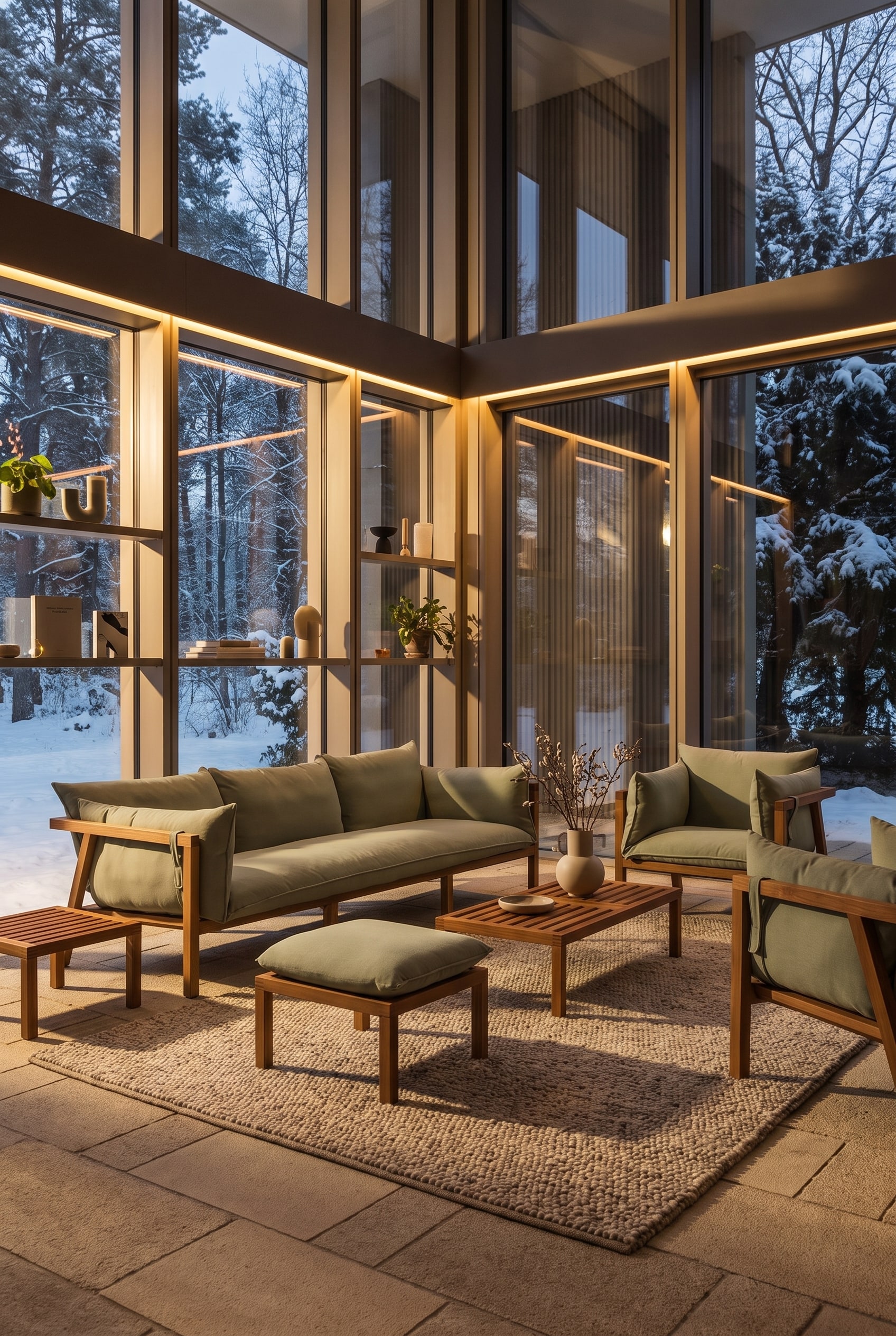 Ensemble lounge de haute qualité en teck massif avec coussins vert clair dans un jardin d'hiver. De chauds rayons de soleil tombent sur le grain de bois vivant.