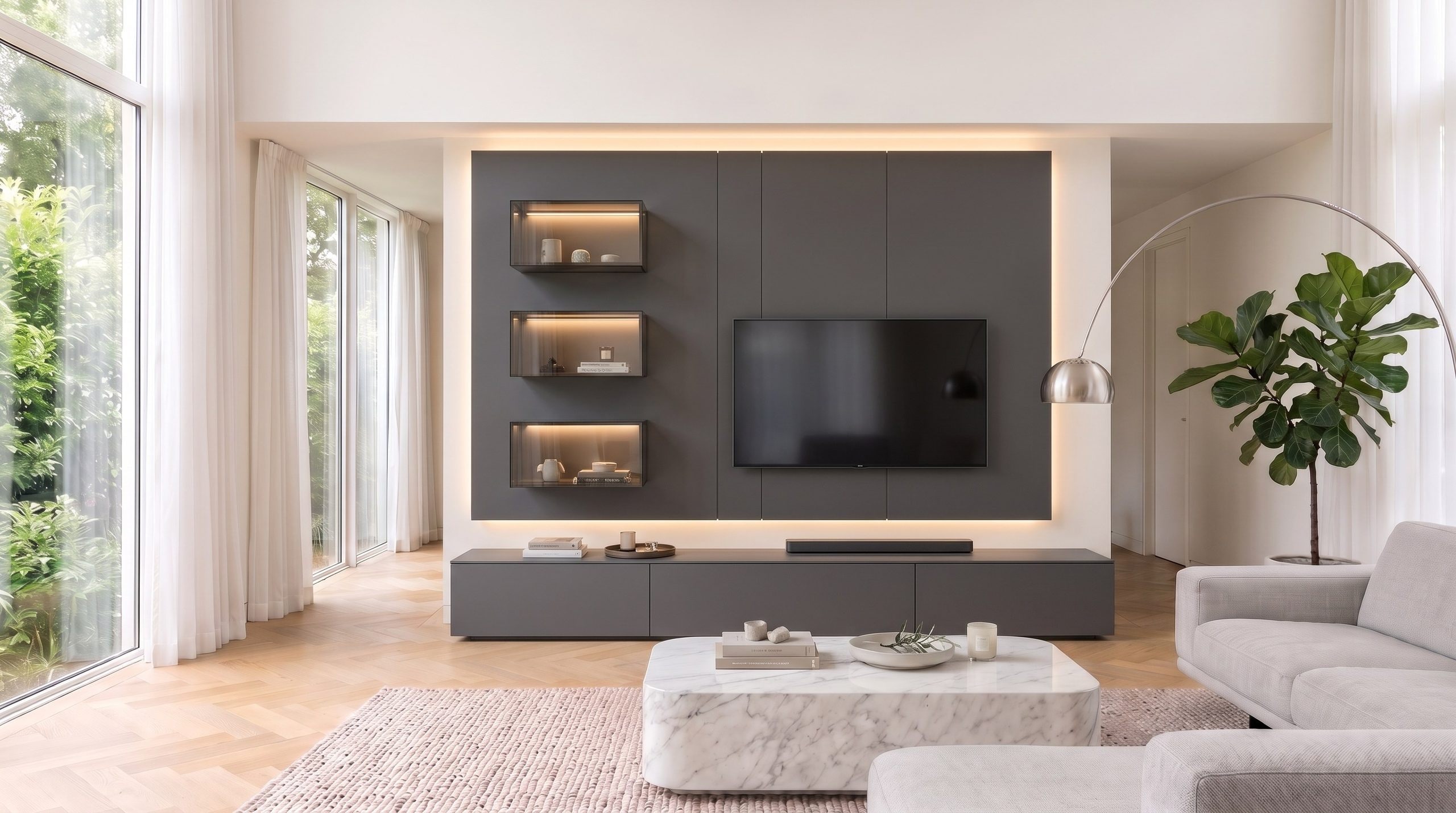 Meuble TV mural Livitalia C100 en gris foncé avec panneaux suspendus, trois étagères en verre éclairées et meuble bas au sol dans le salon lumineux