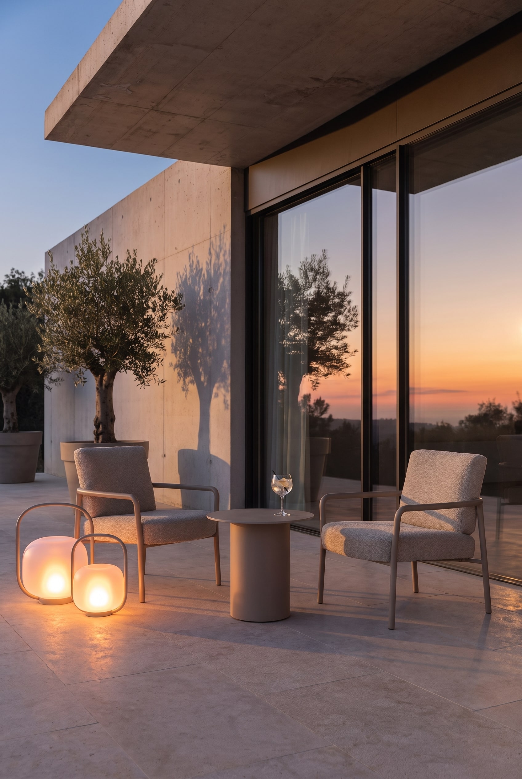 Vaste terrasse en pierre au coucher du soleil avec un fauteuil d'extérieur beige à la structure filigrane et une table d'appoint minimaliste