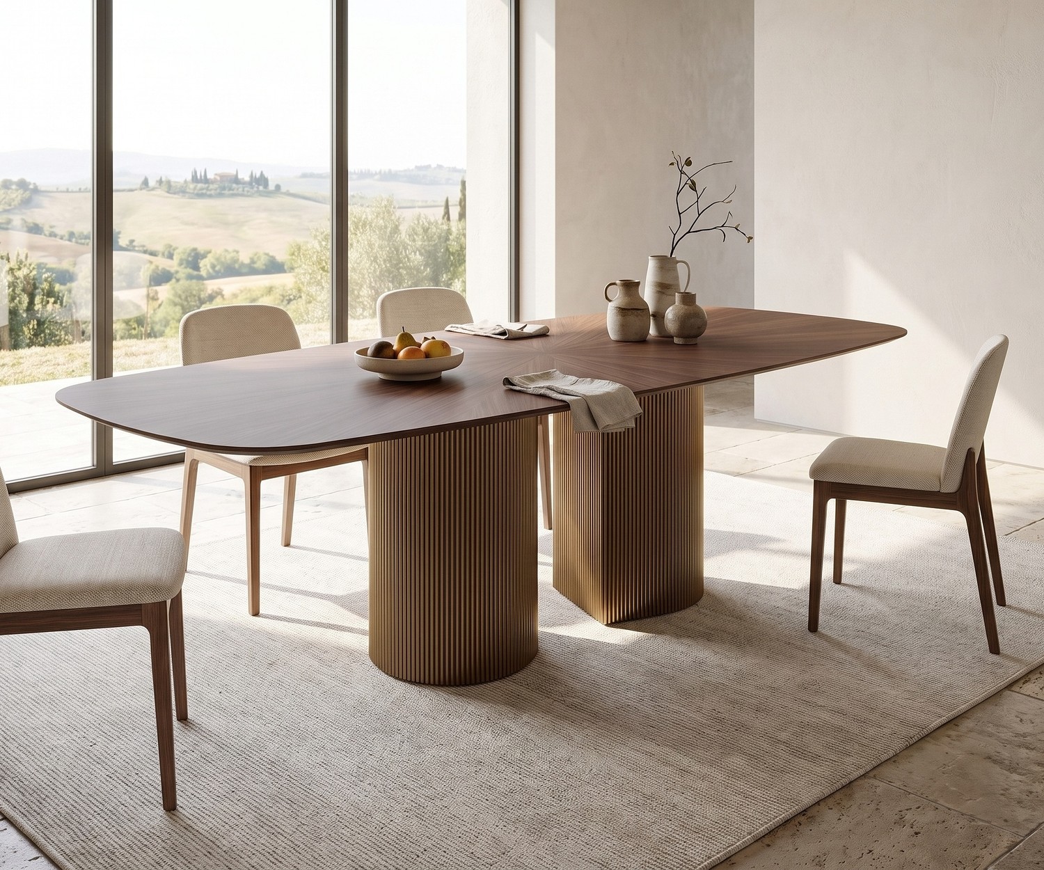 al2 dakry b 001 eettafel, ovale houten tafel met geribbelde metalen poten in een moderne, lichte eetkamer.