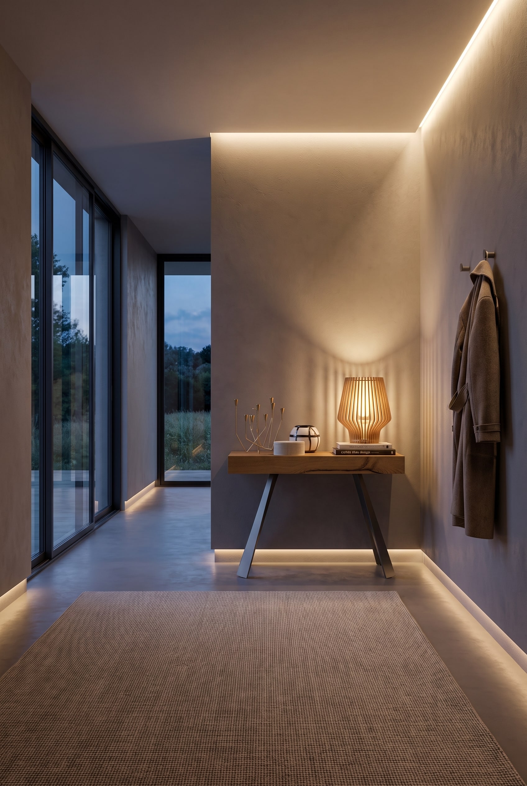 Couloir moderne avec lampe de table &agrave; lattes de bois sur une console plate, lumi&egrave;re chaude et livre de design