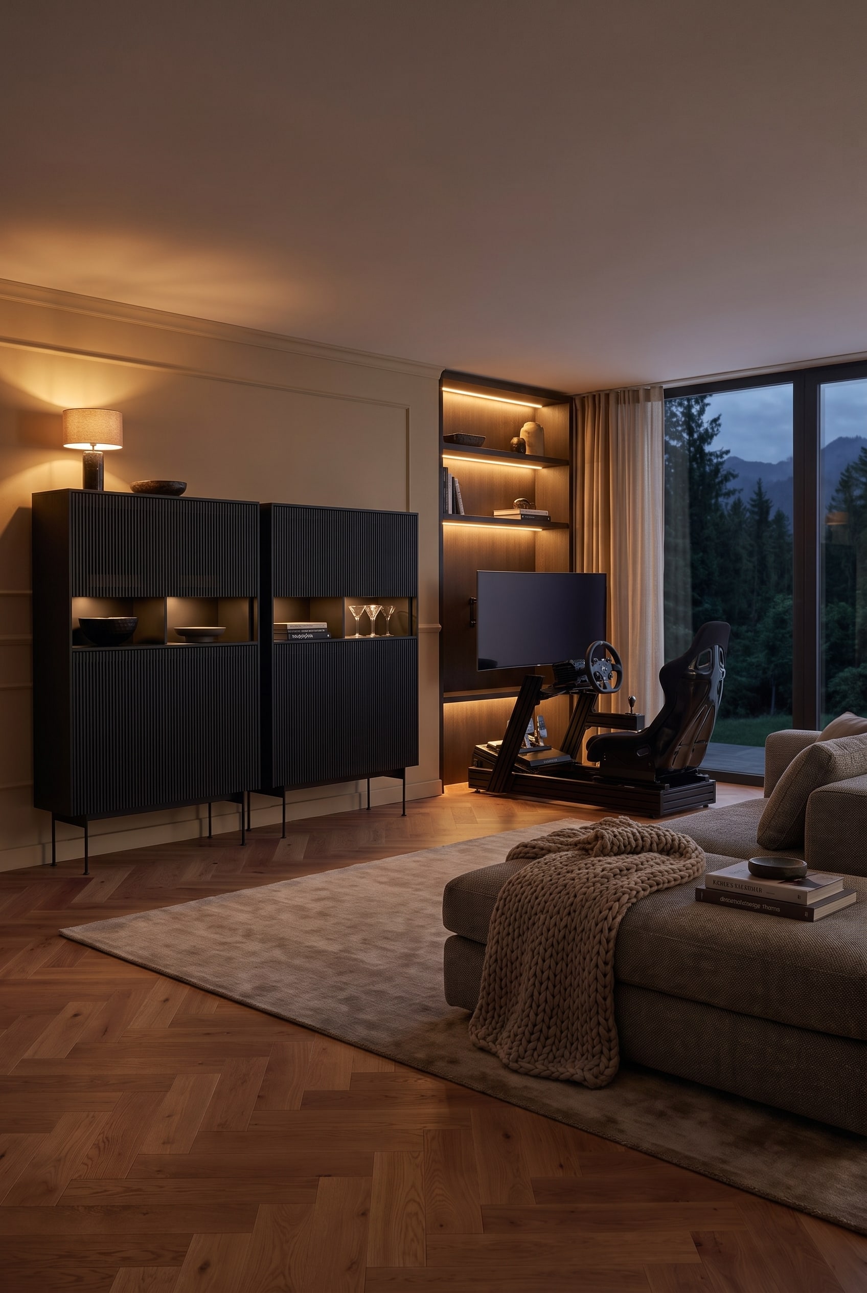 Un highboard haut, élégamment cannelé en bois de noyer, dont les portes fermées offrent un espace de rangement massif pour le matériel de jeu encombrant.