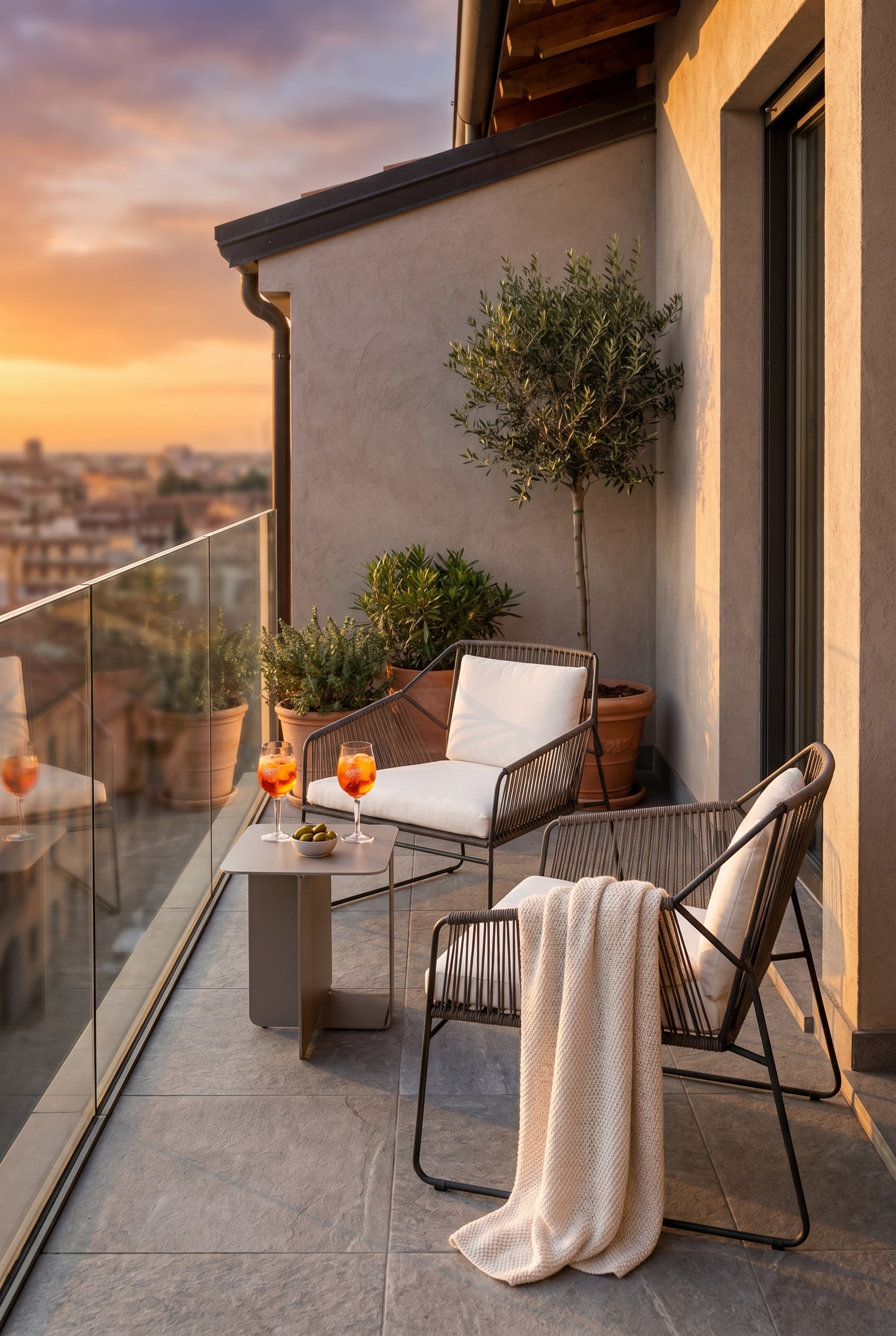 Balcon moderne avec un fauteuil gris en acier inoxydable et tressage de cordes avec un coussin d'assise blanc devant une balustrade en verre
