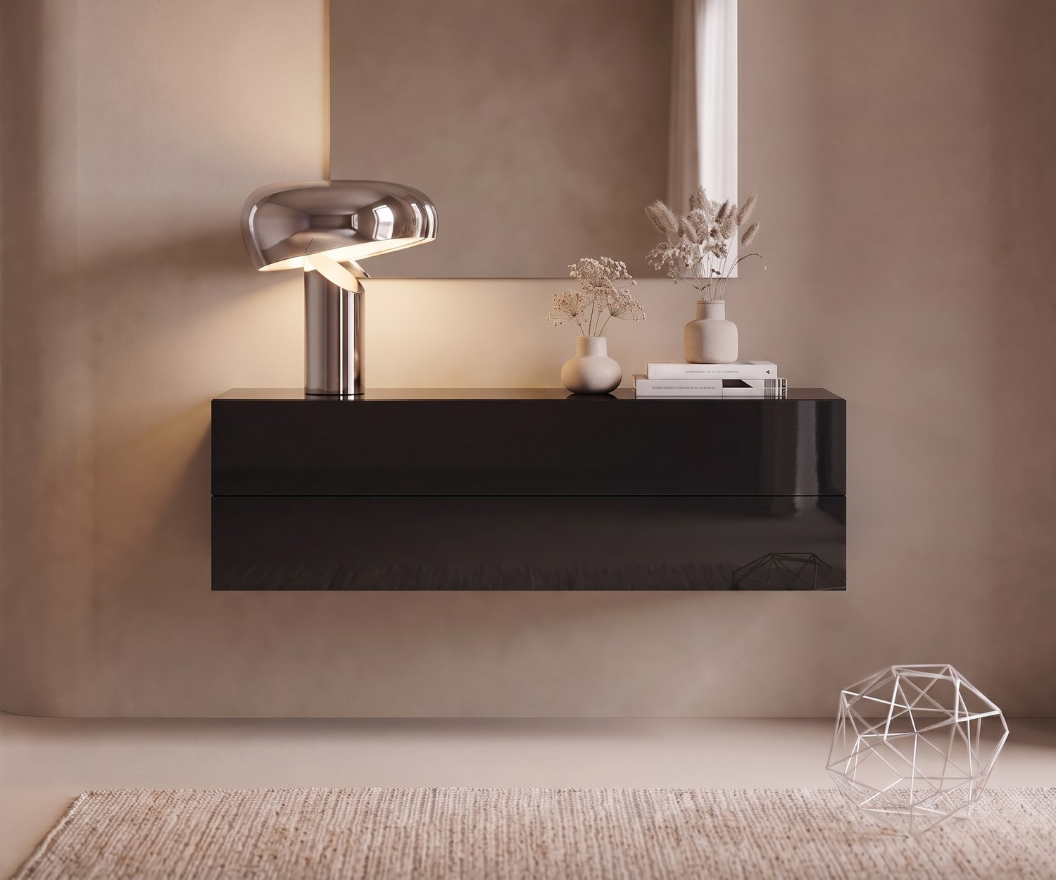Commode Suspendue Novamobili Easy Noir Brillant Commode suspendue Easy Novamobili en noir brillant, meuble d'entrée flottant moderne avec tiroirs de rangement.