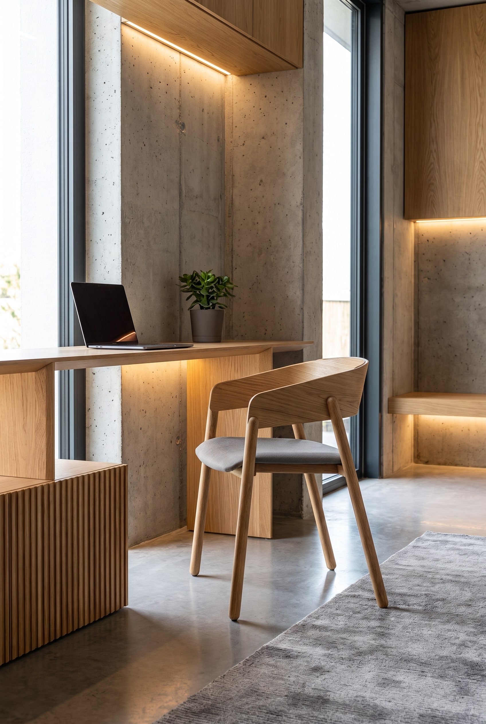 Espace moderne lumineux avec mur en b&eacute;ton apparent et chaise en bois massif en ch&ecirc;ne au bureau