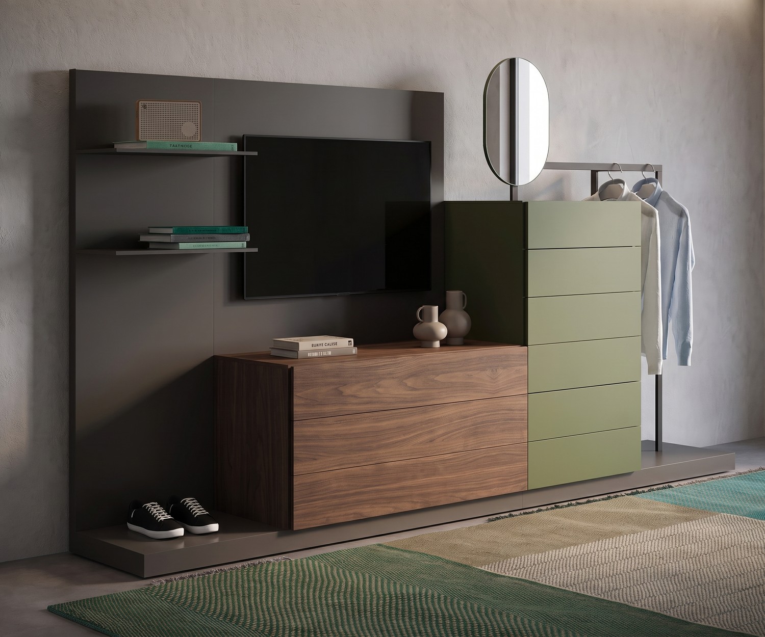 Commode avec dressing et panneau TV Novamobili Easy 9 Commode avec dressing Novamobili Easy 9 et panneau TV dans une entrée. Rangement modulable en bois et vert olive moderne.