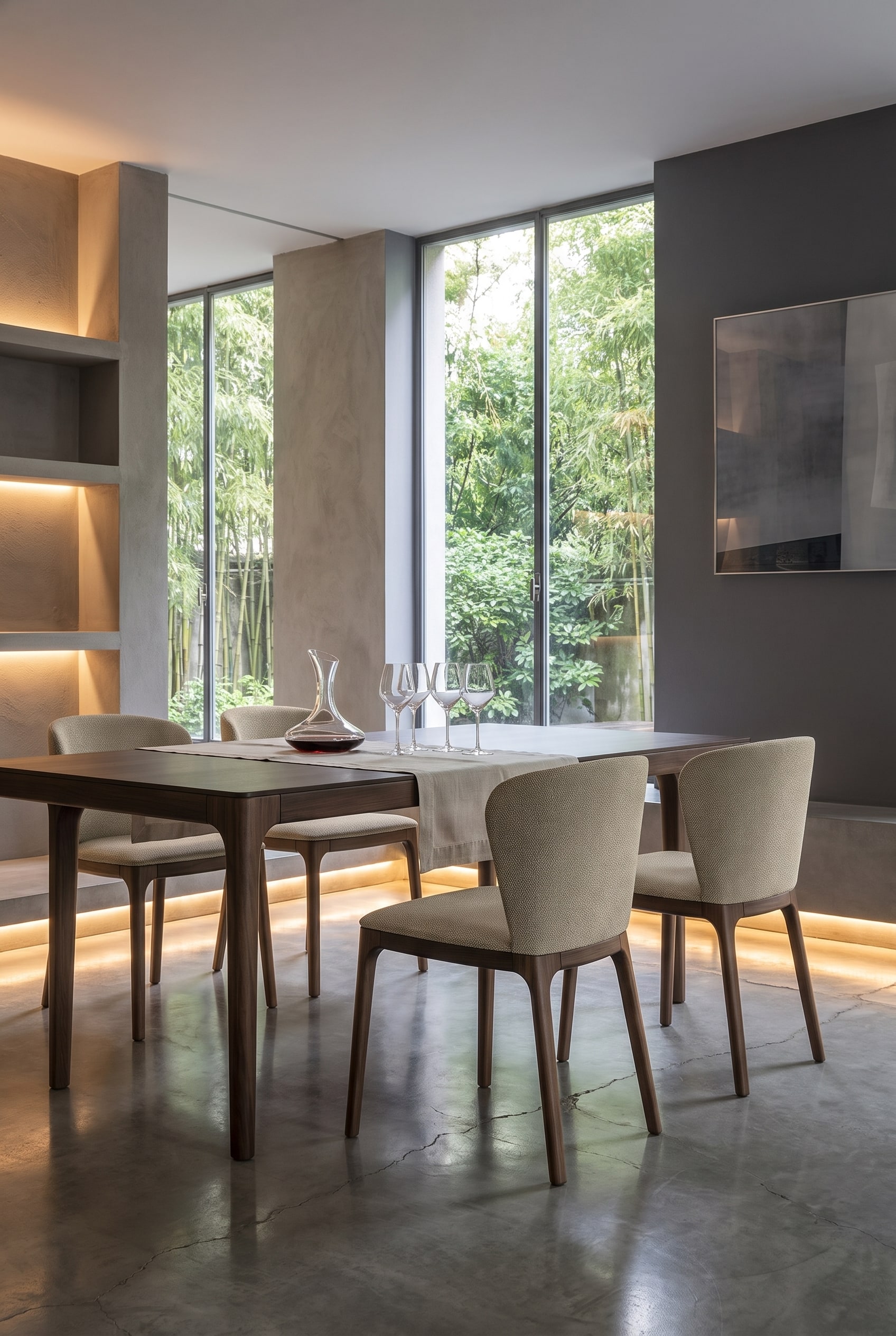 Salle à manger moderne avec une grande table en bois et des chaises Novamobili Navy rembourrées bleu foncé, qui confèrent un caractère lounge.