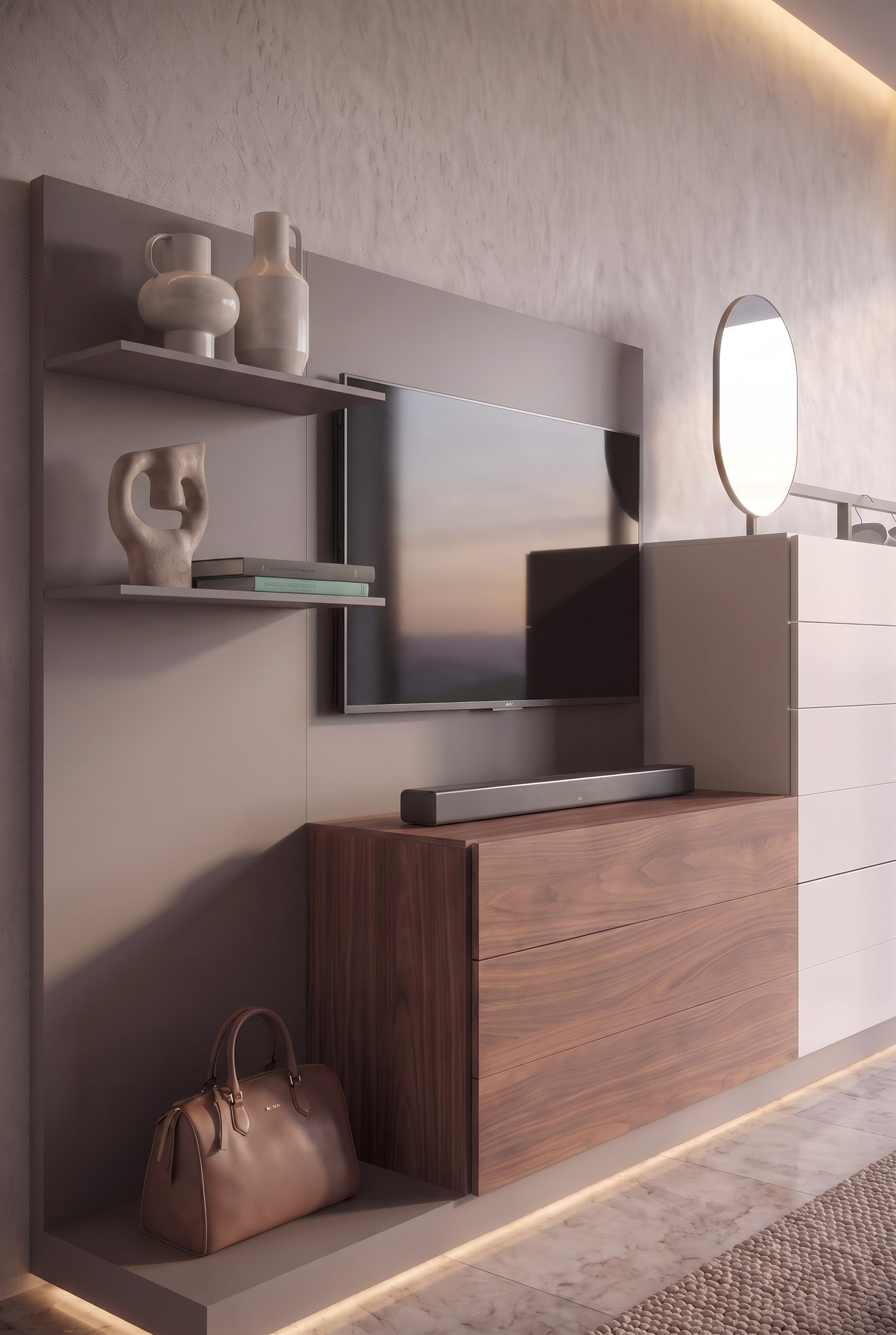 Detailaufnahme eines TV-Paneels mit Soundbar, daneben zwei Regalb&ouml;den mit dekorativen Vasen und einer Skulptur.