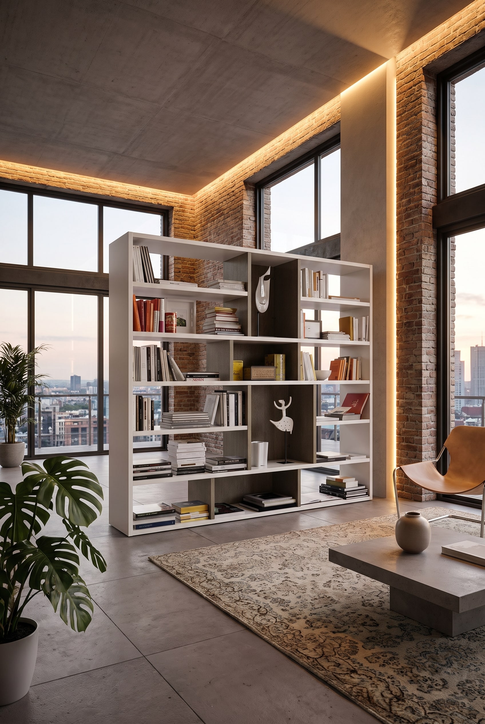 Loft moderne et ouvert avec une grande étagère séparateur de pièce blanche comme séparation entre le salon et la salle à manger