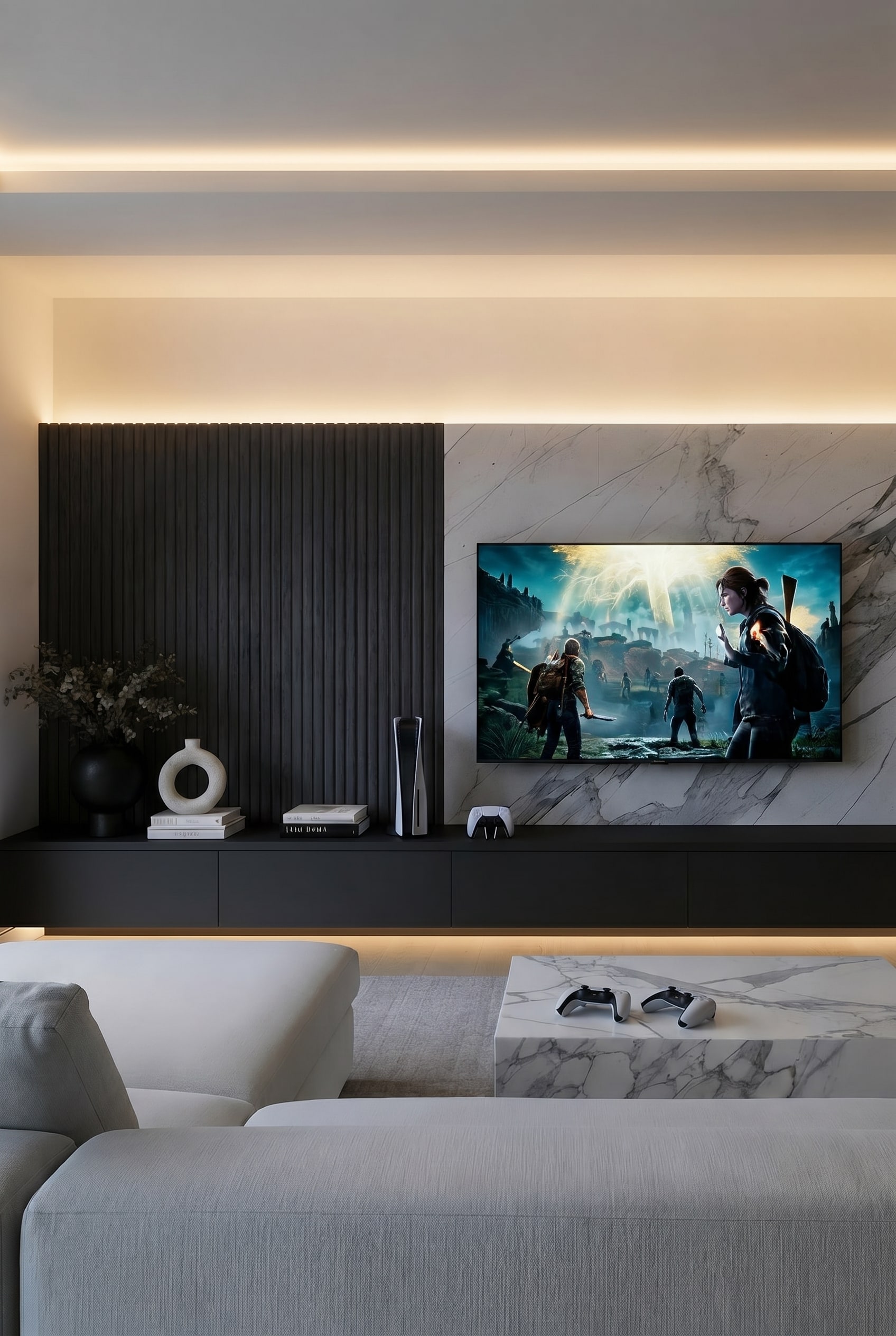 Salon avec meuble mural sur mesure, télévision intégrée, lattes de bois sombres et niche en verre