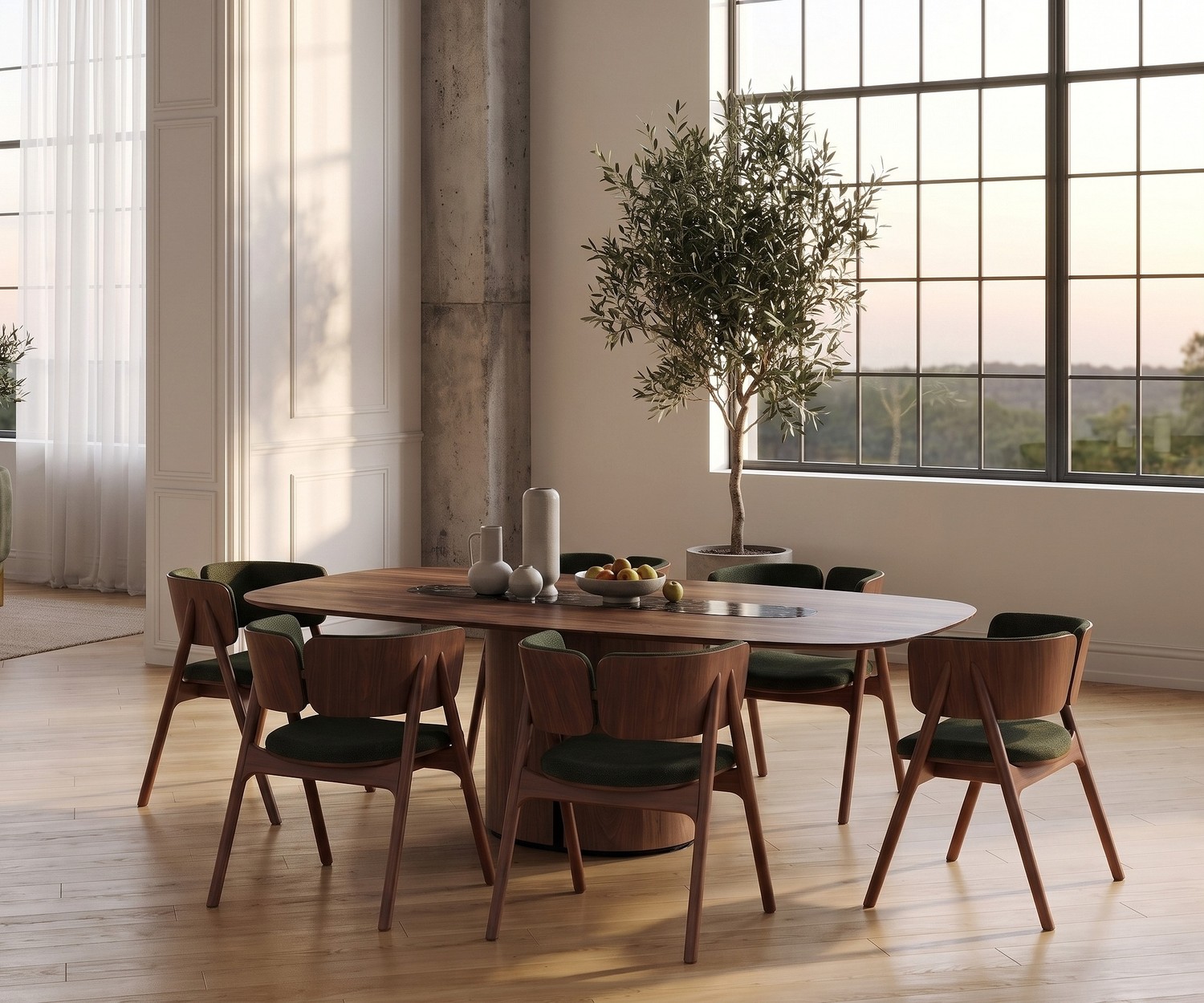 Ovale design eettafel al2 el-it c 001 met houten onderstel Eettafel al2 el-it c 001 met donker keramisch blad en houten onderstel in een minimalistische, lichte eetkamer.