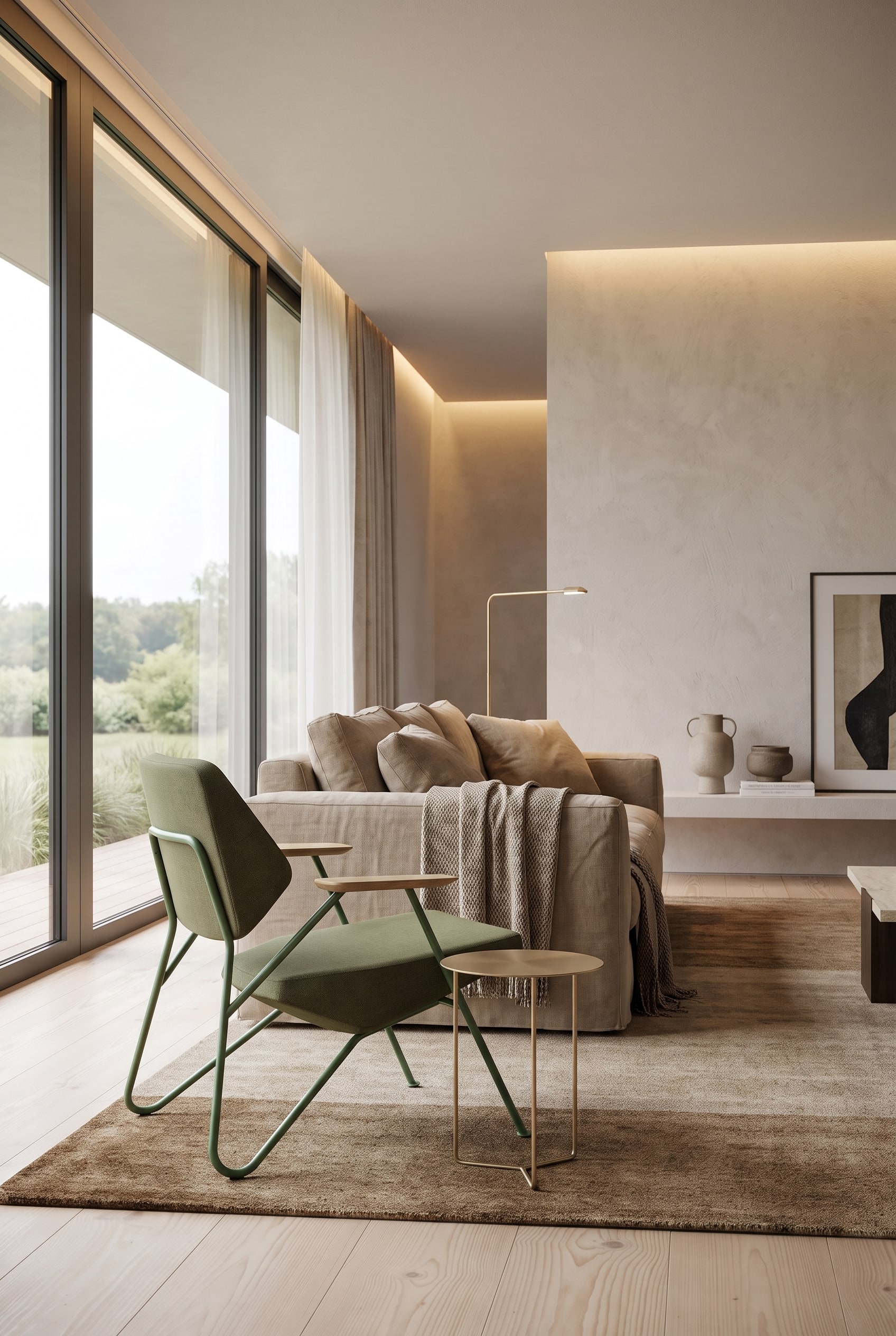 Le fauteuil géométrique Prostoria Polygon placé comme un accent élégant dans un espace de vie moderne et multicouche.