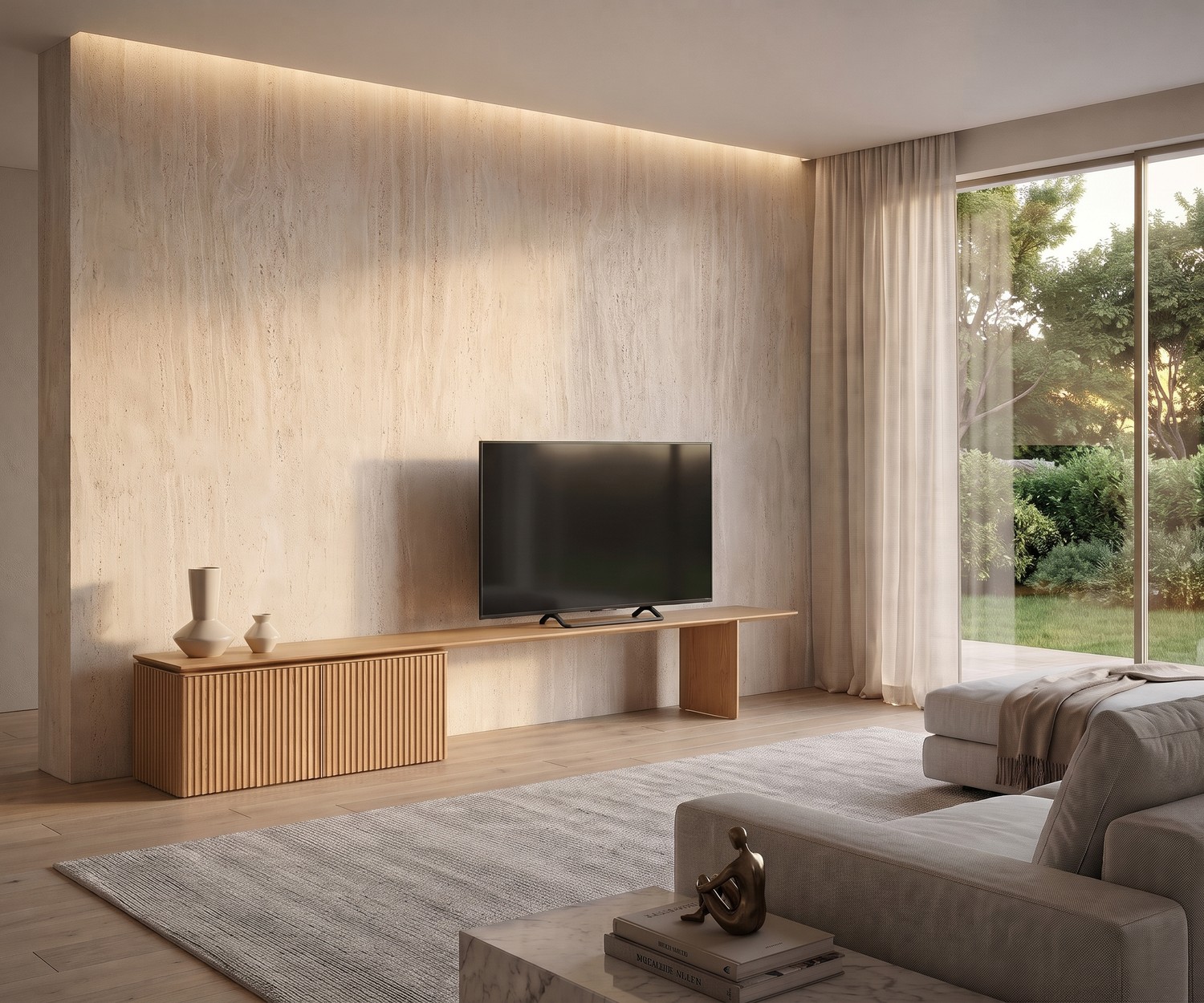 Buffet TV Punt Velasca dans un salon moderne. Meuble TV bas en chêne clair au design minimaliste et portes striées.