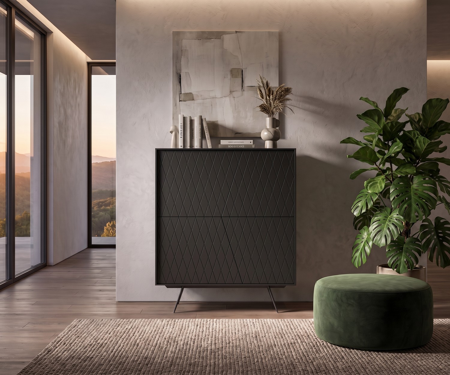 al2 e-klipse 009 highboard kast voor de slaapkamer in mat wit, voorzien van een modern ruitpatroon.
