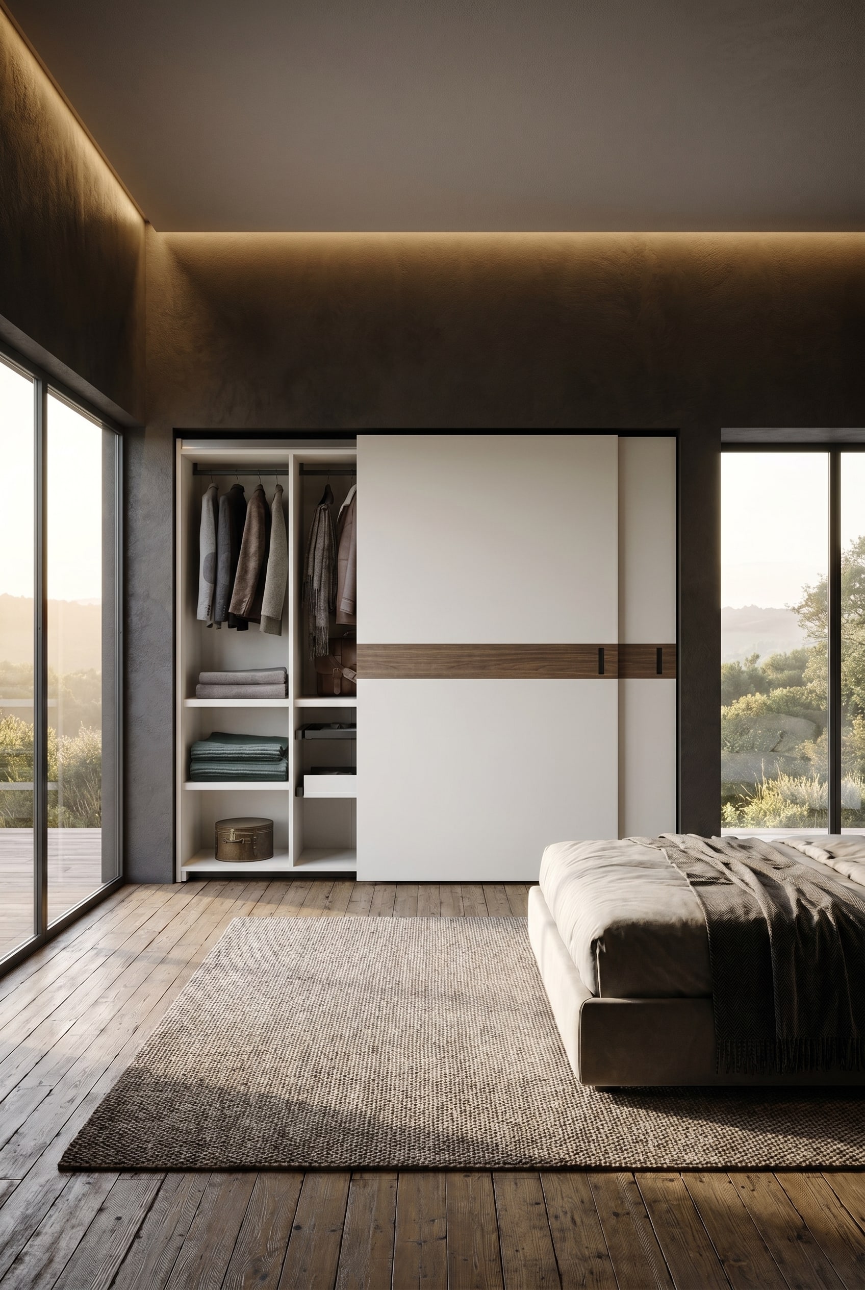 Chambre lumineuse avec une grande armoire blanche à portes coulissantes, dotée d'une incrustation horizontale en bois, sur un parquet rustique