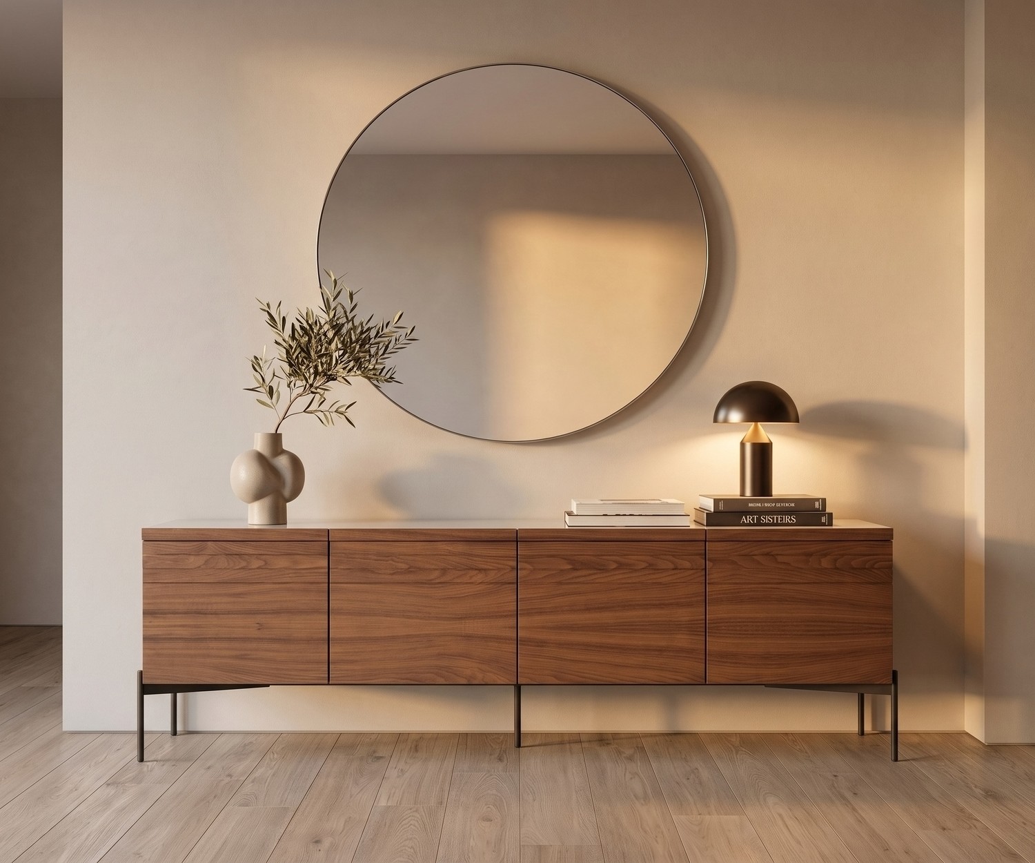 Buffet en bois moderne al2 o-rizon 003 Buffet design en bois al2 o-rizon 003 pour le salon, offrant du rangement sous un grand miroir rond de style moderne.