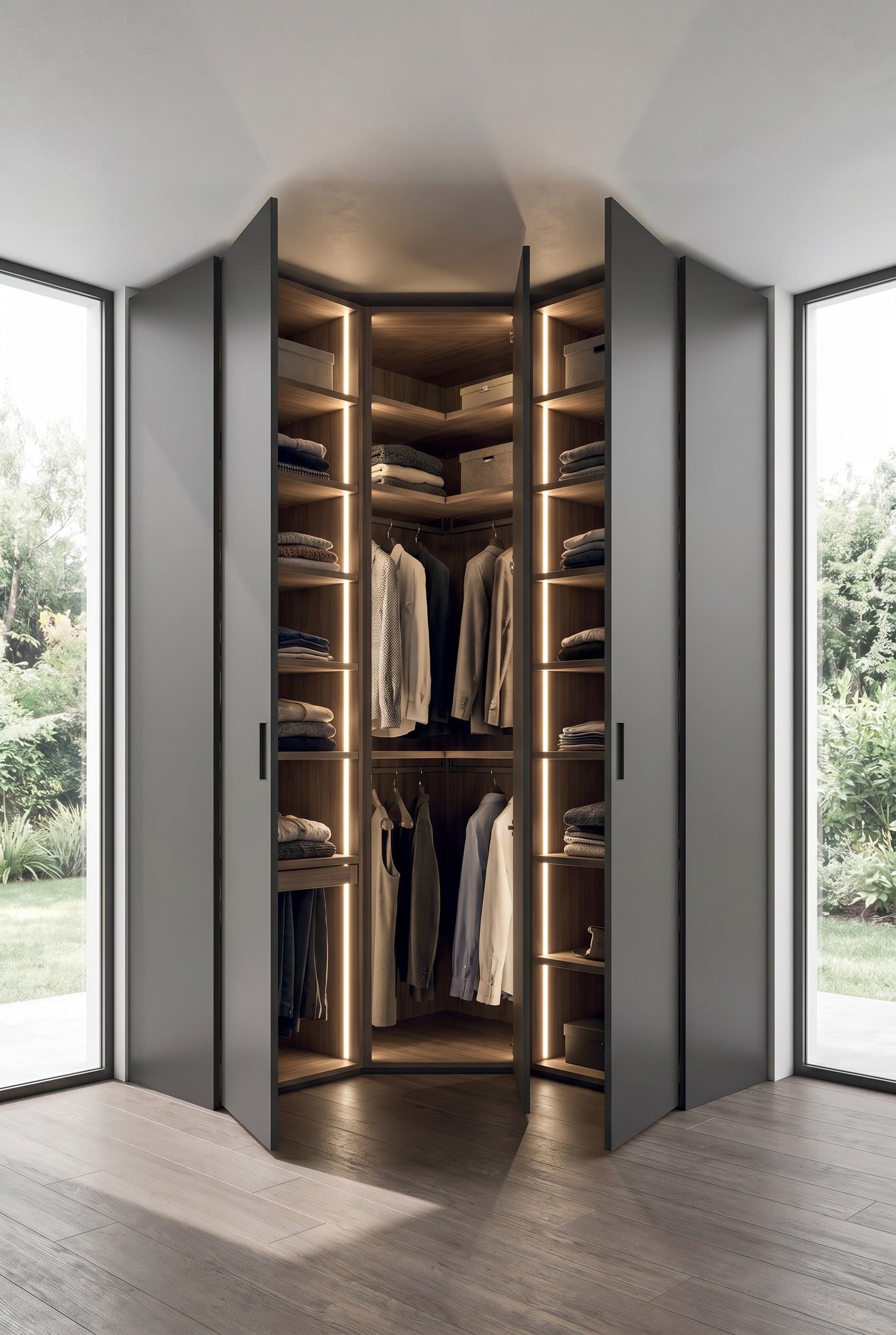 Armoire d'angle de haute qualité avec portes pliantes ouvertes, montrant un aménagement intérieur structuré avec précision et un éclairage LED intégré. Armoire d'angle de haute qualité avec portes pliantes ouvertes, montrant un aménagement intérieur structuré avec précision et un éclairage LED intégré.