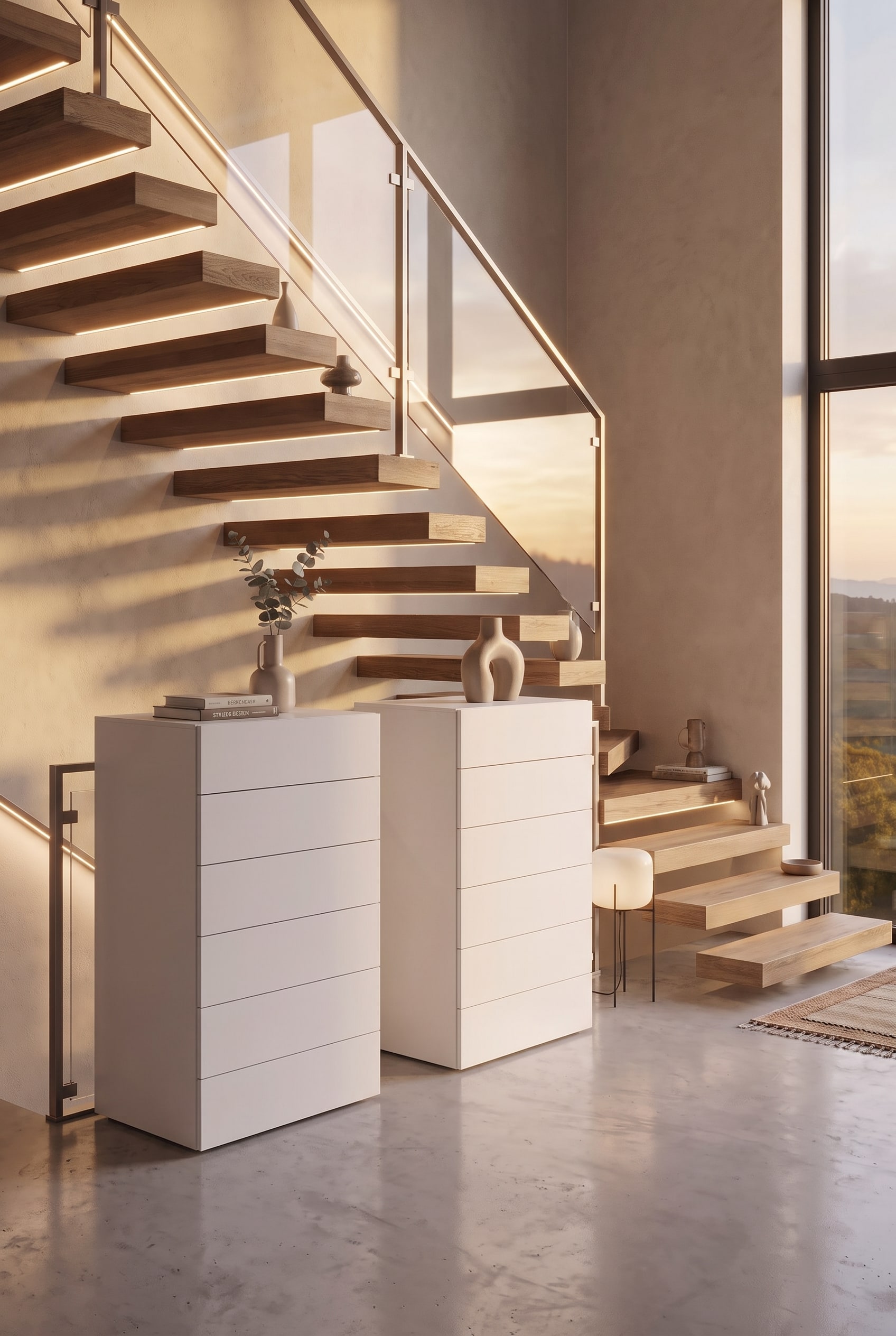 Une commode haute minimaliste et &eacute;l&eacute;gante plac&eacute;e dans une niche d'escalier moderne pour un rangement maximal.
