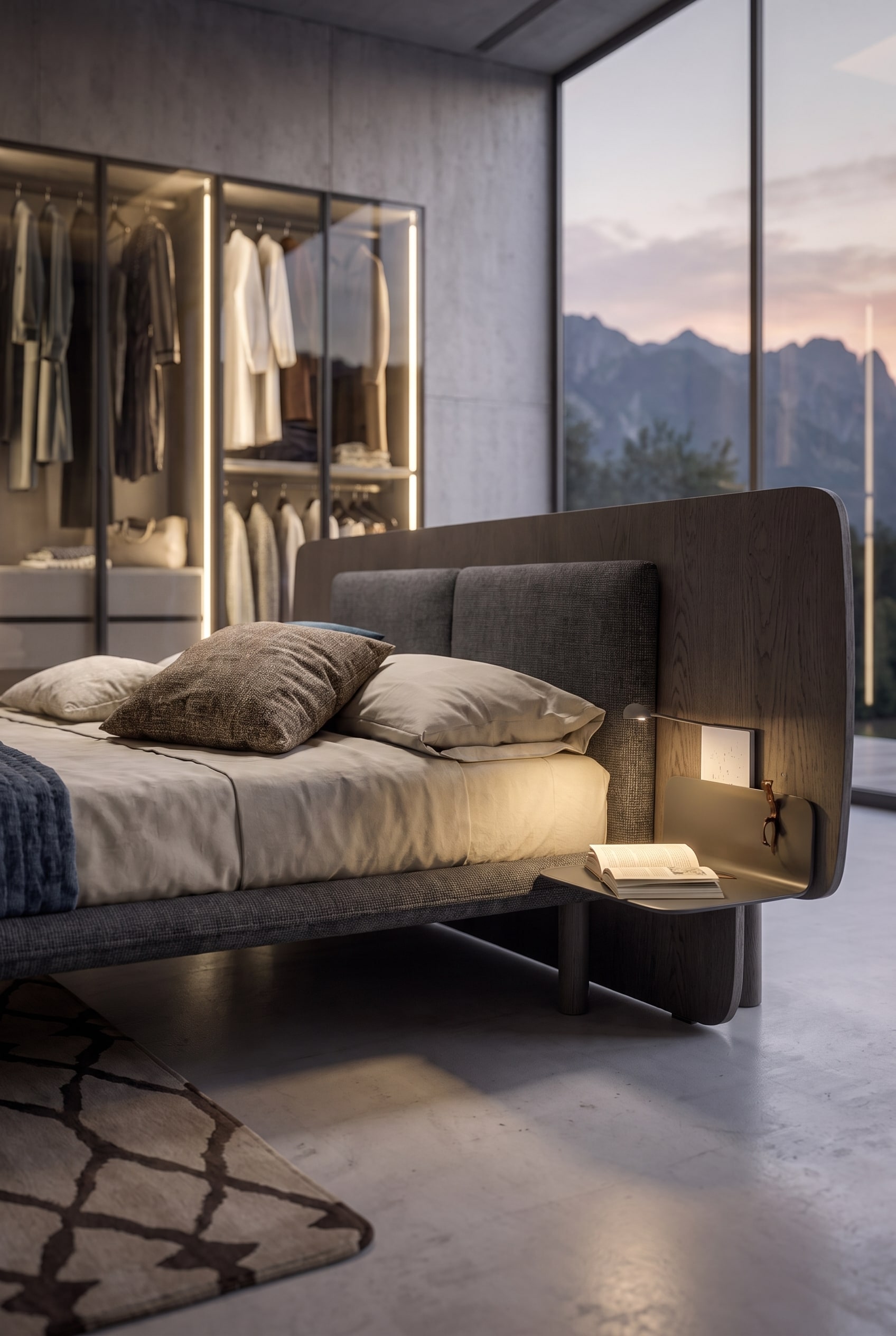 Lit avec une tête de lit en bois imposante et une table de chevet intégrée, en arrière-plan une armoire en verre floue.