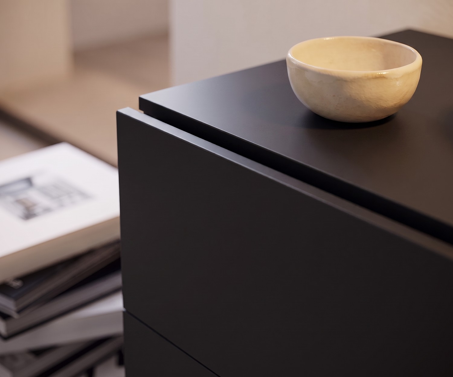 Commode suspendue pour chambre Novamobili Easy en gris foncé mat, vue rapprochée avec coupelle décorative design.