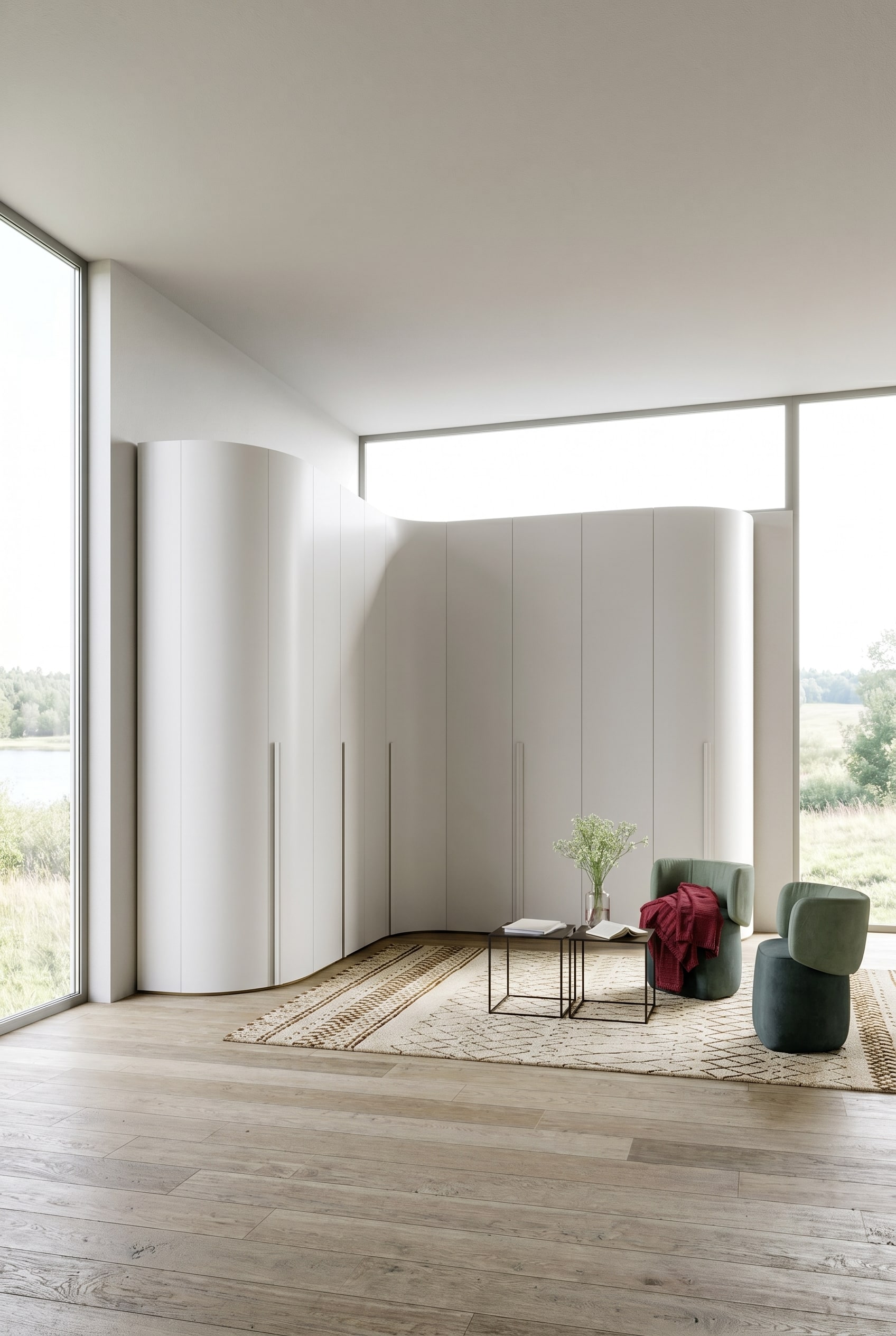 Armoire d'angle blanche minimaliste avec module de finition incurv&eacute; dans une chambre moderne avec des fen&ecirc;tres du sol au plafond