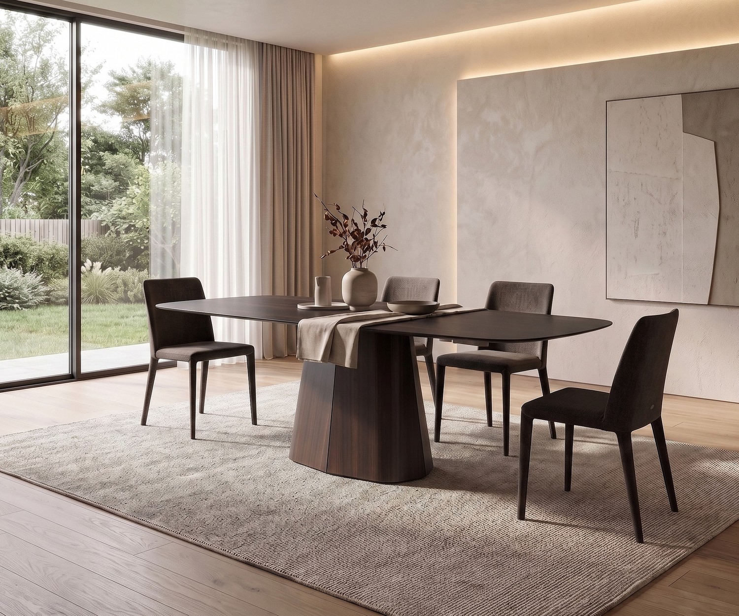 Table à manger design ovale al2 tessera 001 Table à manger al2 tessera 001 pour repas élégants, table ovale design en bois foncé dans une salle à manger.