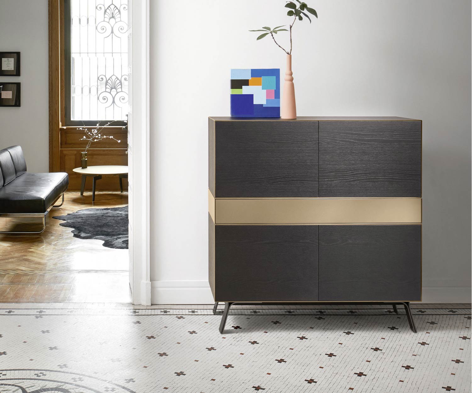 Modern design highboard Minimal van Livitalia open vak kleur goud Modern design highboard Minimal van Livitalia open vak kleur goud