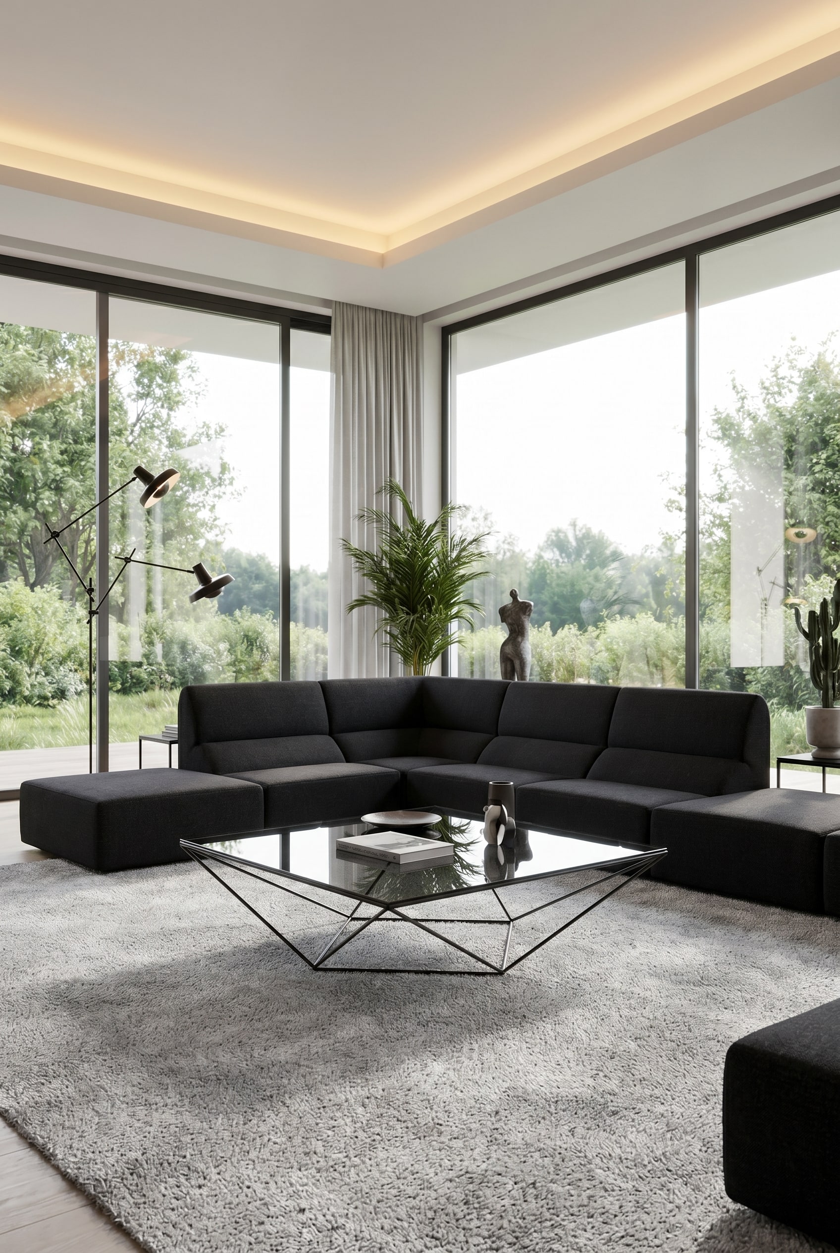 Salon moderne avec canap&eacute; rembourr&eacute; beige et une table basse minimaliste avec une structure m&eacute;tallique noire polygonale