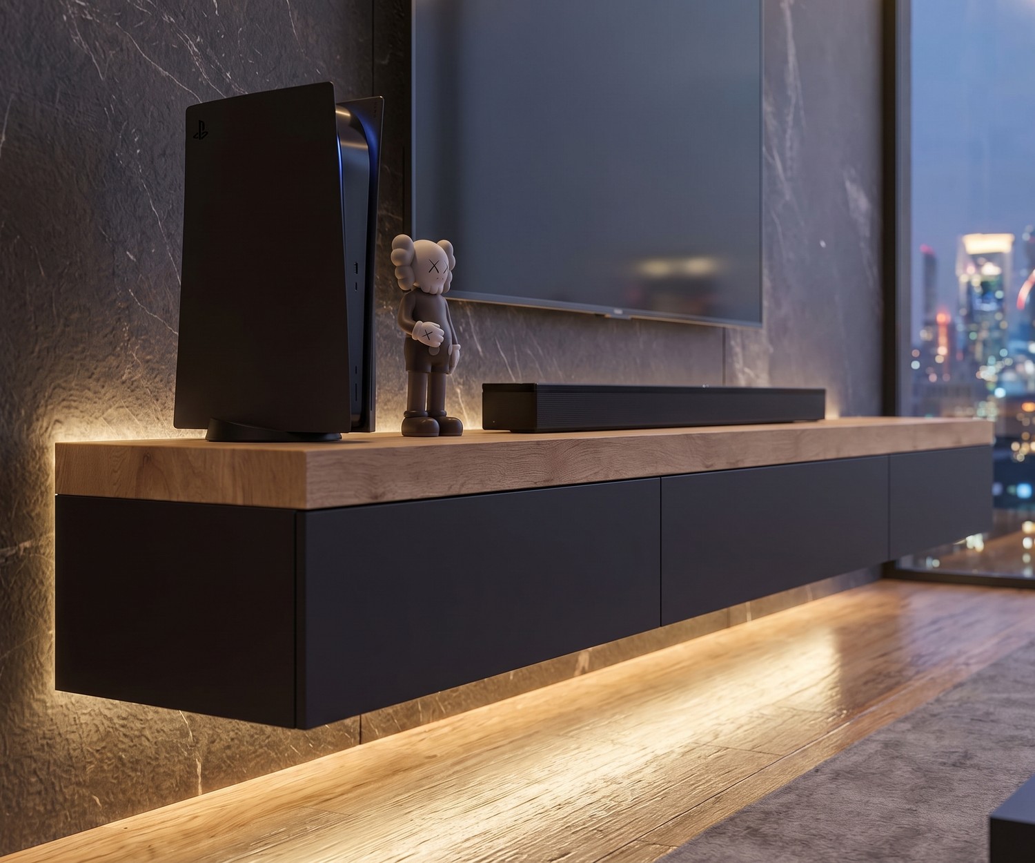 Meuble bas salon : Lowboard suspendu Livitalia avec plateau en bois épais et façade sombre dans un salon de jeu moderne.