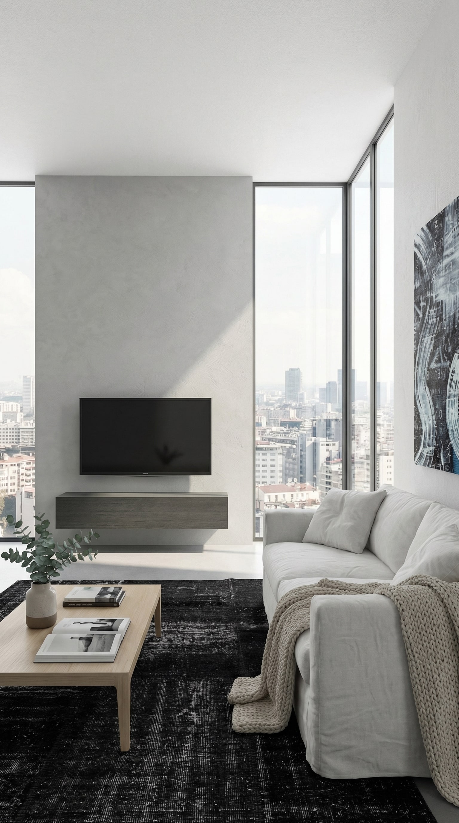 Meuble bas en bois compact et suspendu en gris dans un petit salon urbain confortable. Meuble bas en bois compact et suspendu en gris dans un petit salon urbain confortable.