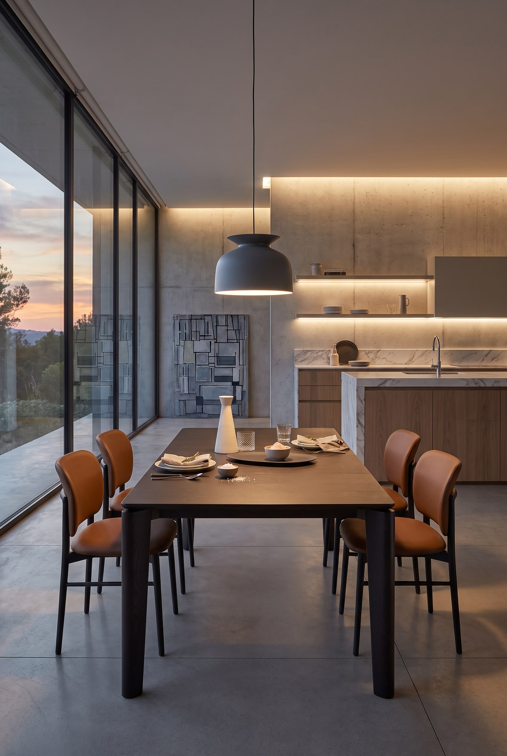 Table à manger extensible foncée avec chaises marron dans un espace généreux
