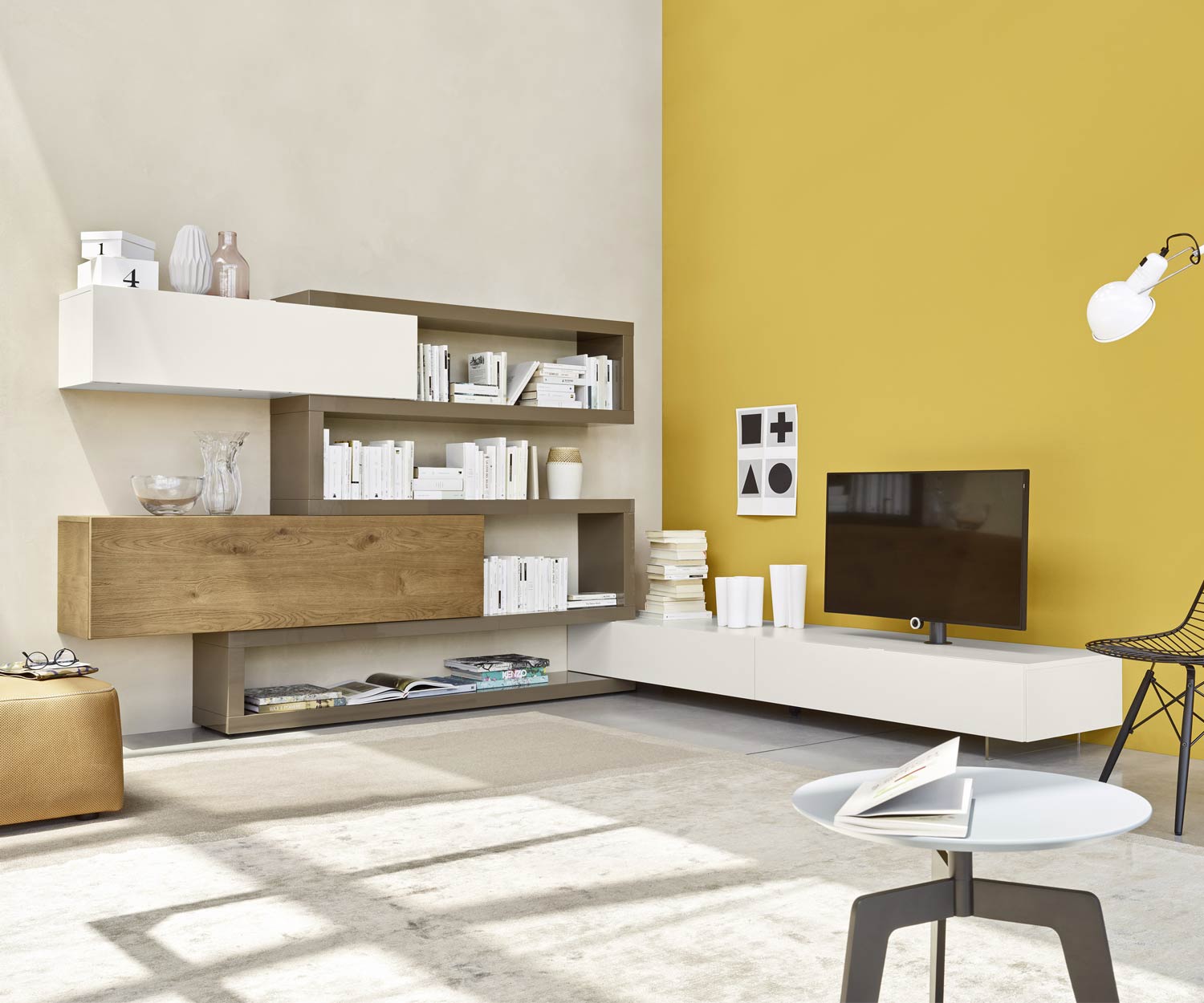 Exclusieve Livitalia Design hoekwandkast C29A met design lowboard in beige mat gelakt Exclusieve Livitalia Design hoekwandkast C29A met design lowboard in beige mat gelakt