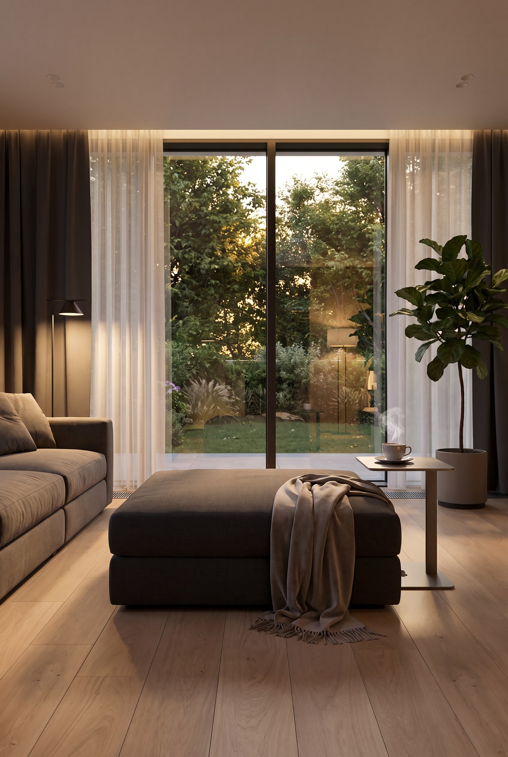 Espace lounge avec un pouf rembourré carré et puriste en gris foncé, placé devant une fenêtre comme siège flexible.