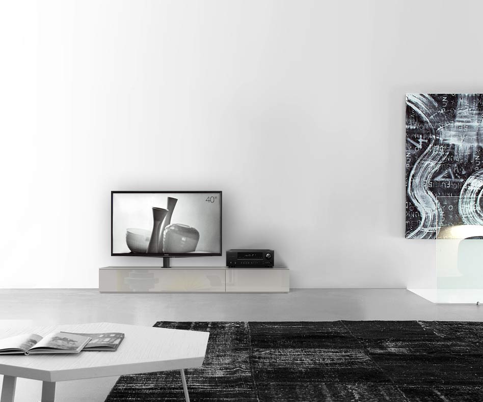 Table basse design Configurateur avec support TV au sol Largeur 180 25,5 54,6 gauche gris clair brillant