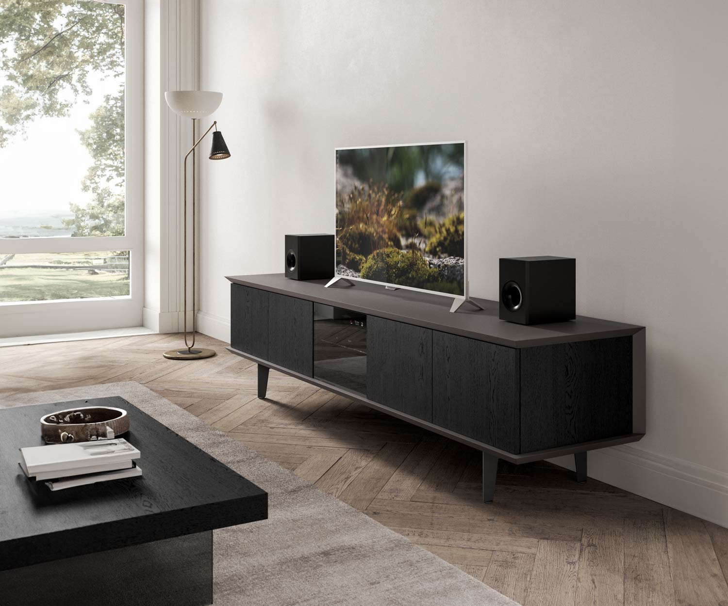 Flat TV meubel lowboard met glazen deur eiken Carbone zwart Flat TV meubel lowboard met glazen deur eiken Carbone zwart