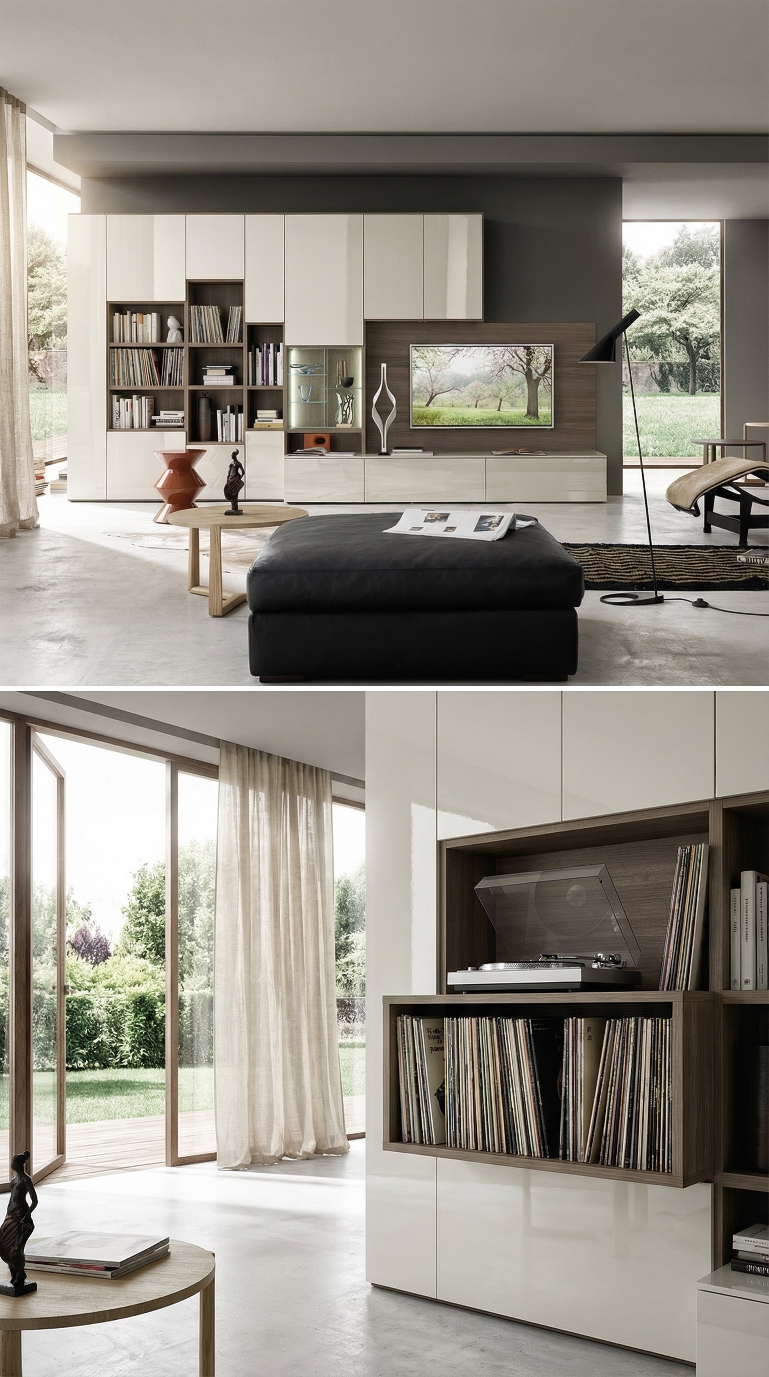 Moderne Wohnwand mit integriertem Plattenspieler und Schallplattenaufbewahrung Moderne Wohnwand mit integriertem Plattenspieler und Schallplattenaufbewahrung