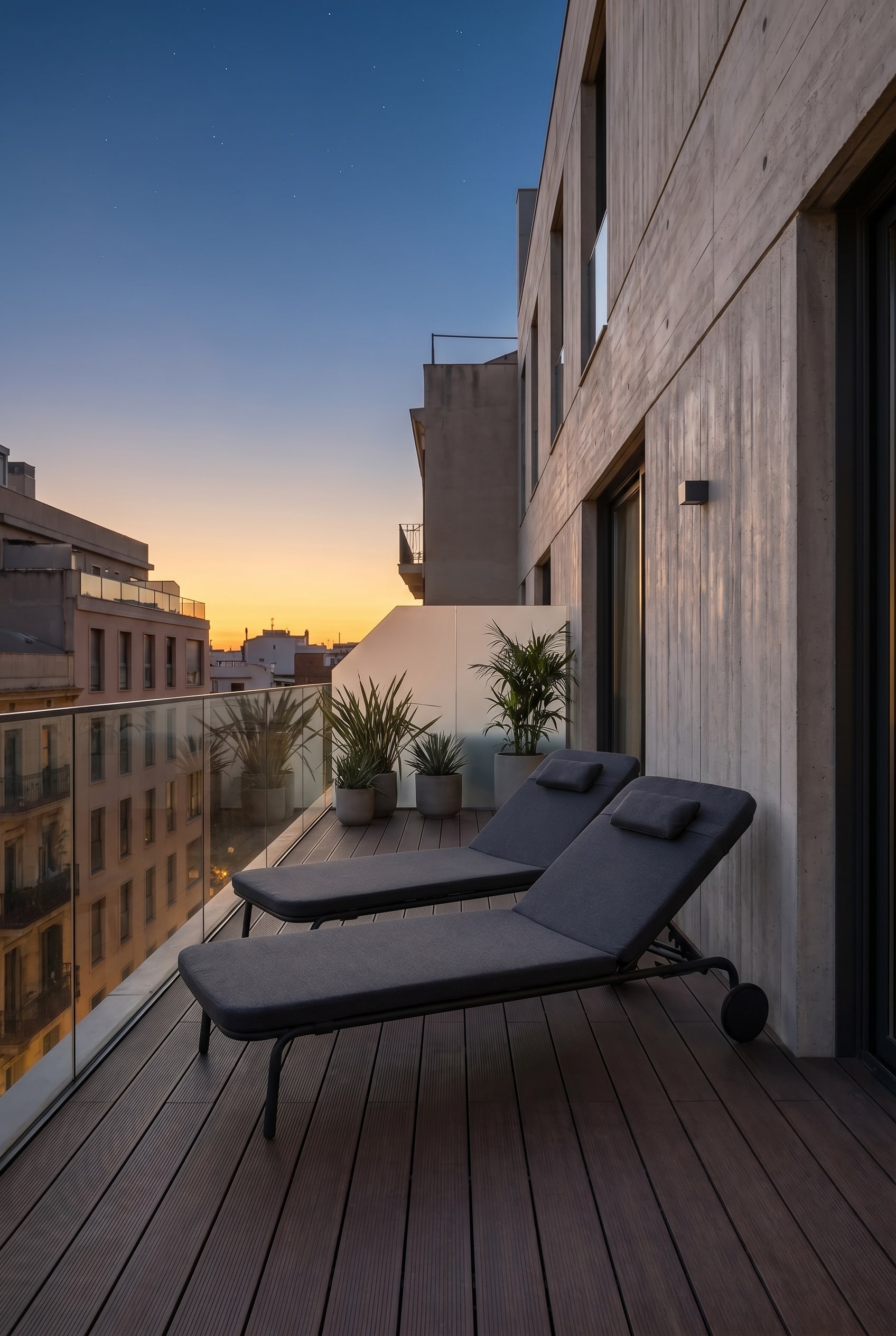 Chaise longue d'extérieur minimaliste gris foncé sur roulettes sur un balcon en bois sous le ciel étoilé du soir