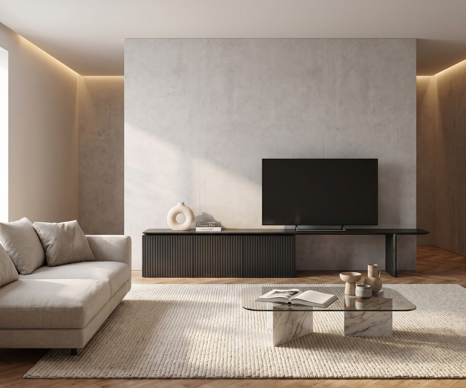 Buffet bas Punt Velasca en bois noir comme meuble TV design dans un salon minimaliste.