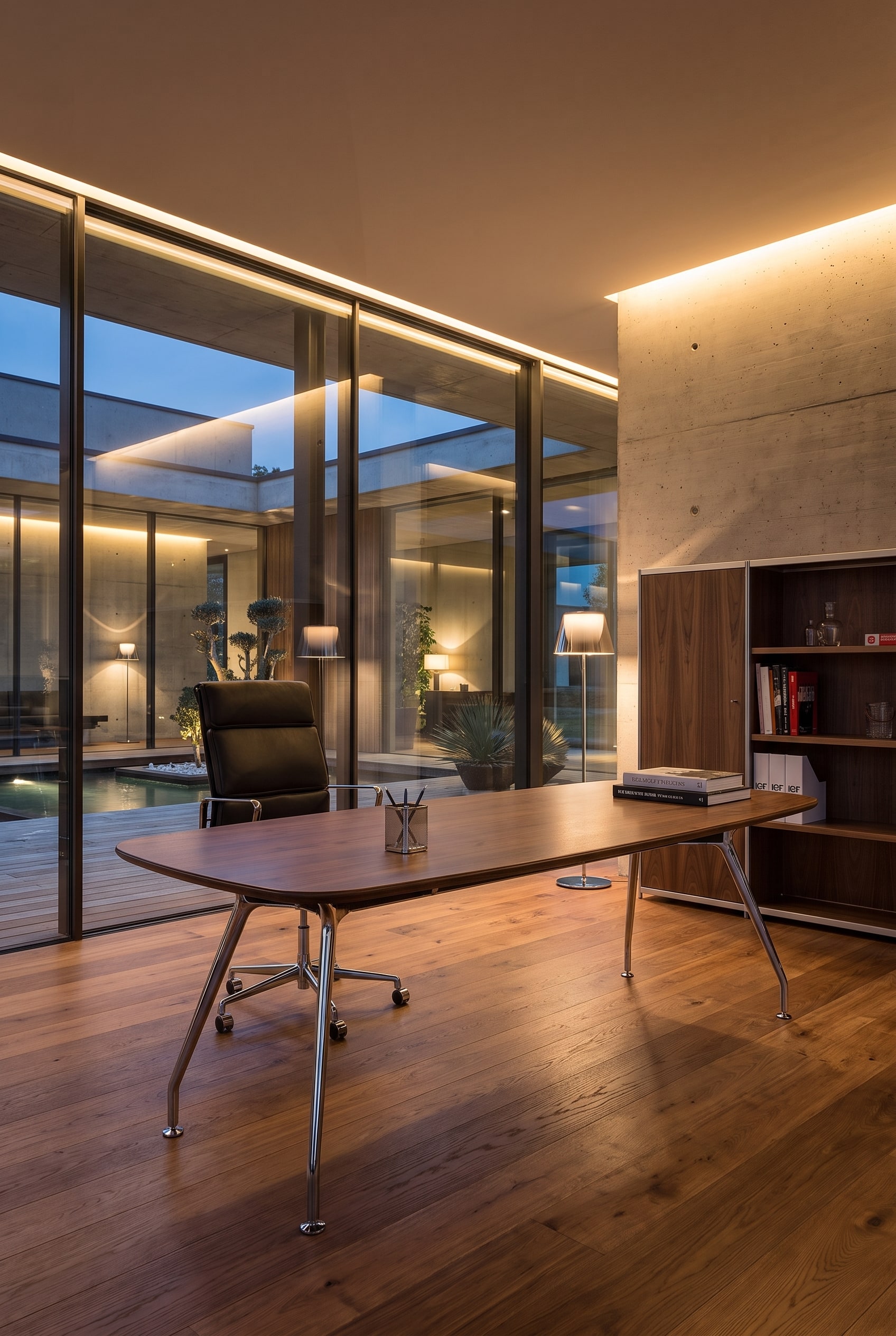 Bureau &agrave; domicile repr&eacute;sentatif avec un grand bureau autoportant en bois fonc&eacute;, un pi&egrave;tement chrom&eacute;, un fauteuil de direction en cuir noir et des livres d'art s&eacute;lectionn&eacute;s.