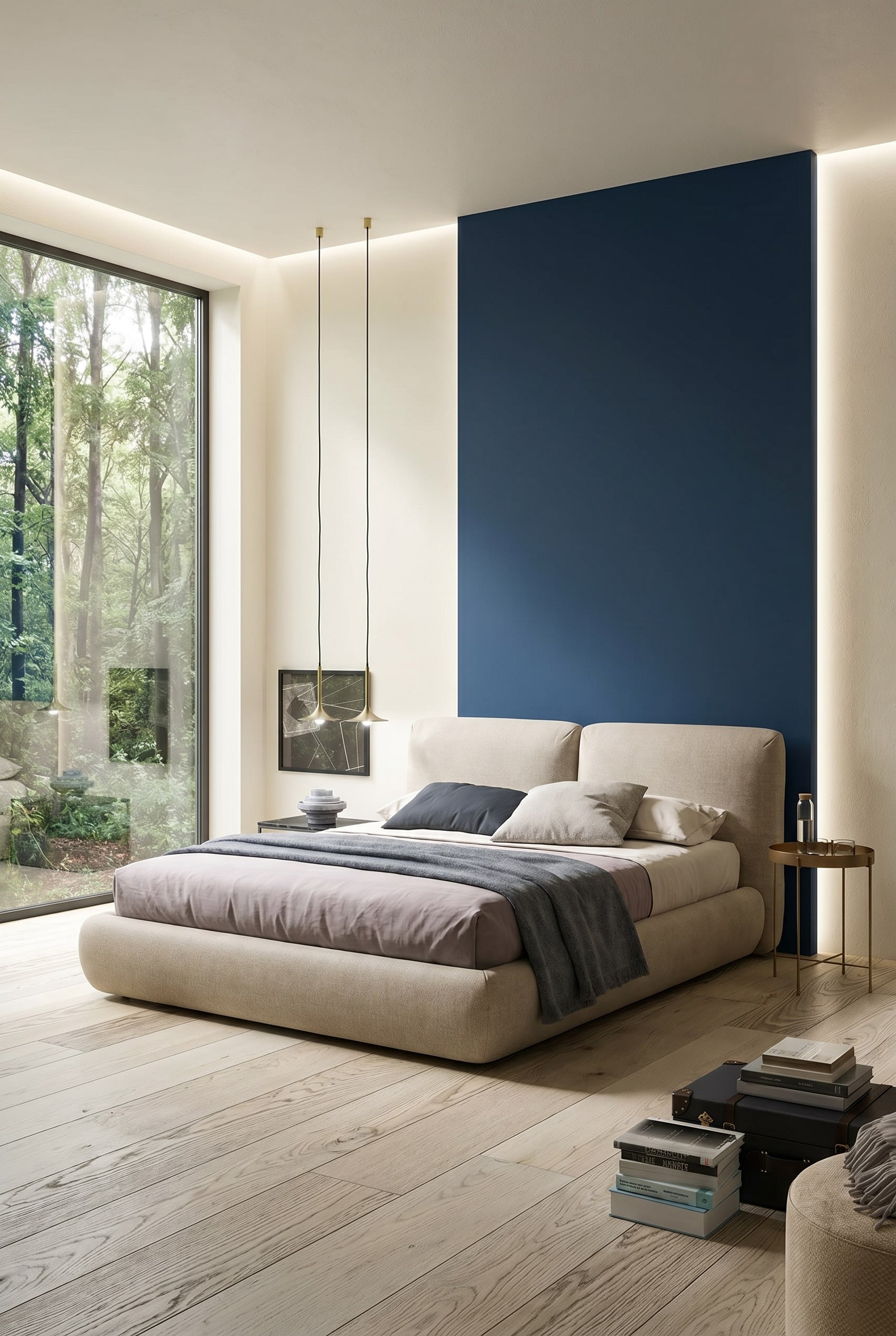 Lit rembourr&eacute; beige centr&eacute; devant un bloc de couleur bleu fonc&eacute; vertical avec des fen&ecirc;tres pleine hauteur